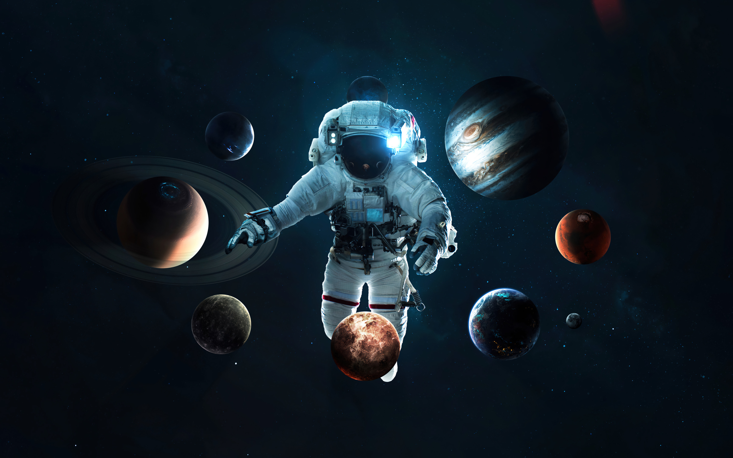 Планеты кружатся вокруг астронавта в космосе