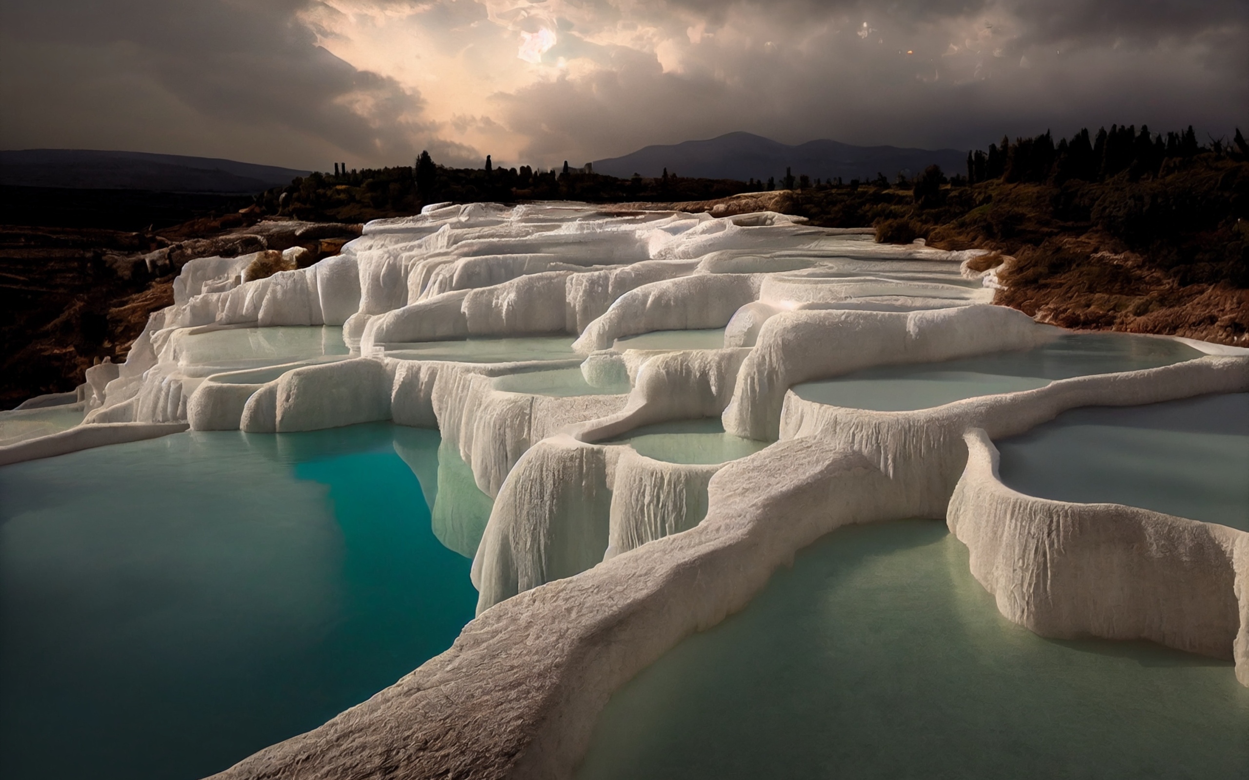 Красивый курорт Памуккале под грозовым небом Турция