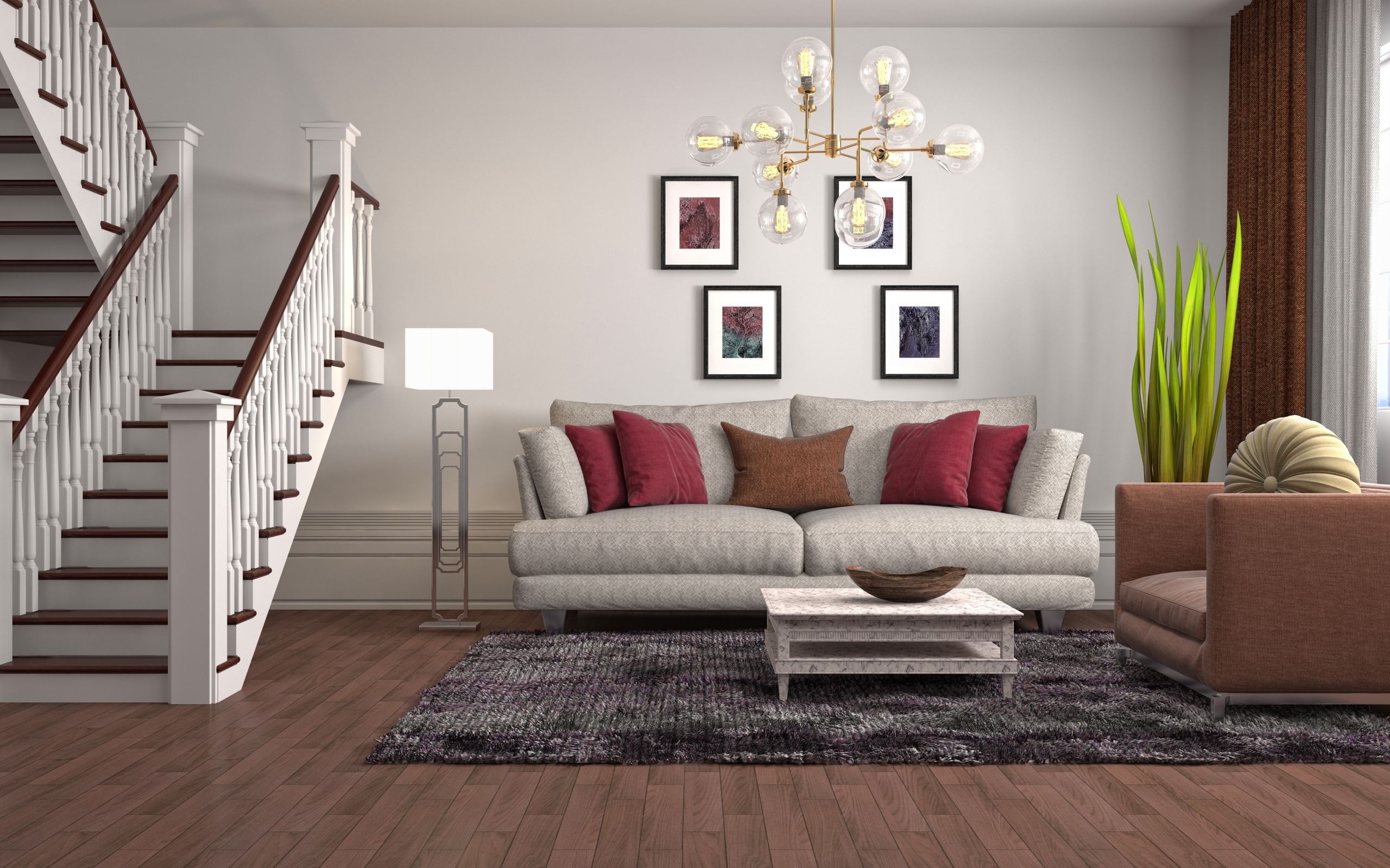 Просторная гостиная с лестницей