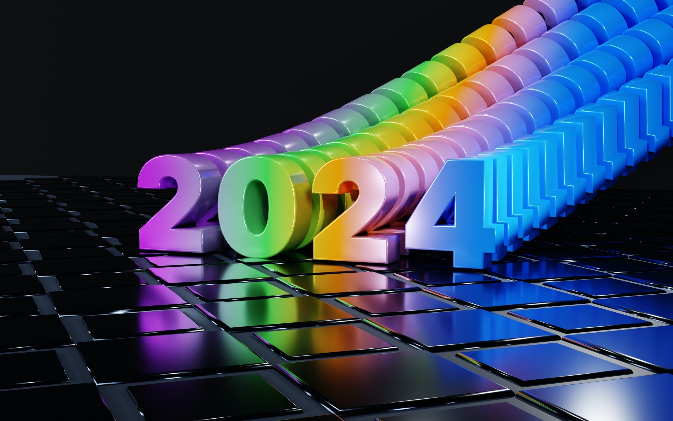 Разноцветные цифры 2024 на черном фоне с квадратами
