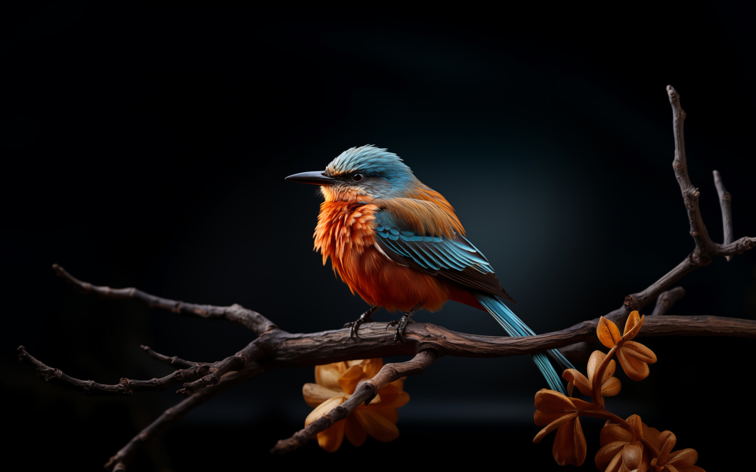 Птица зимородок сидит на ветке дерева на черном фоне