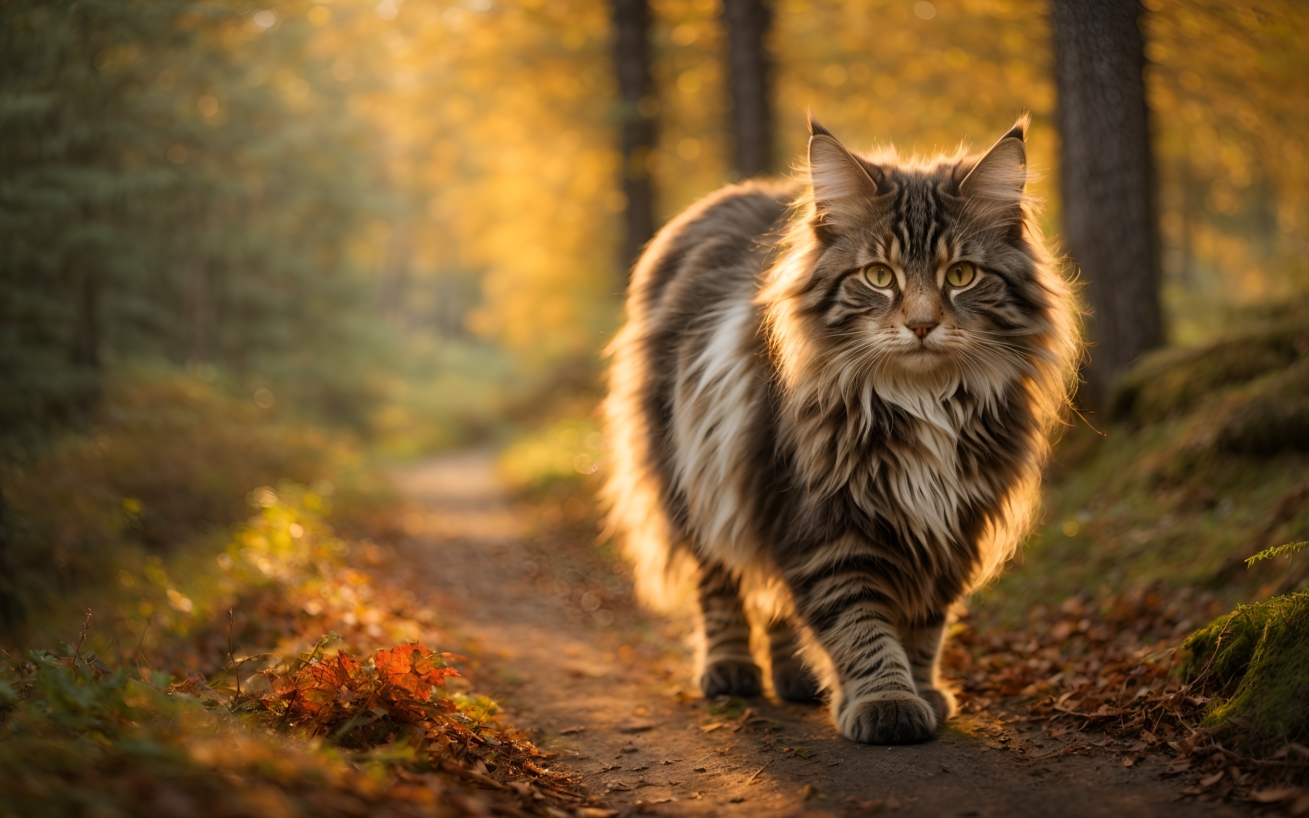 Большой пушистый кот идет по лесу