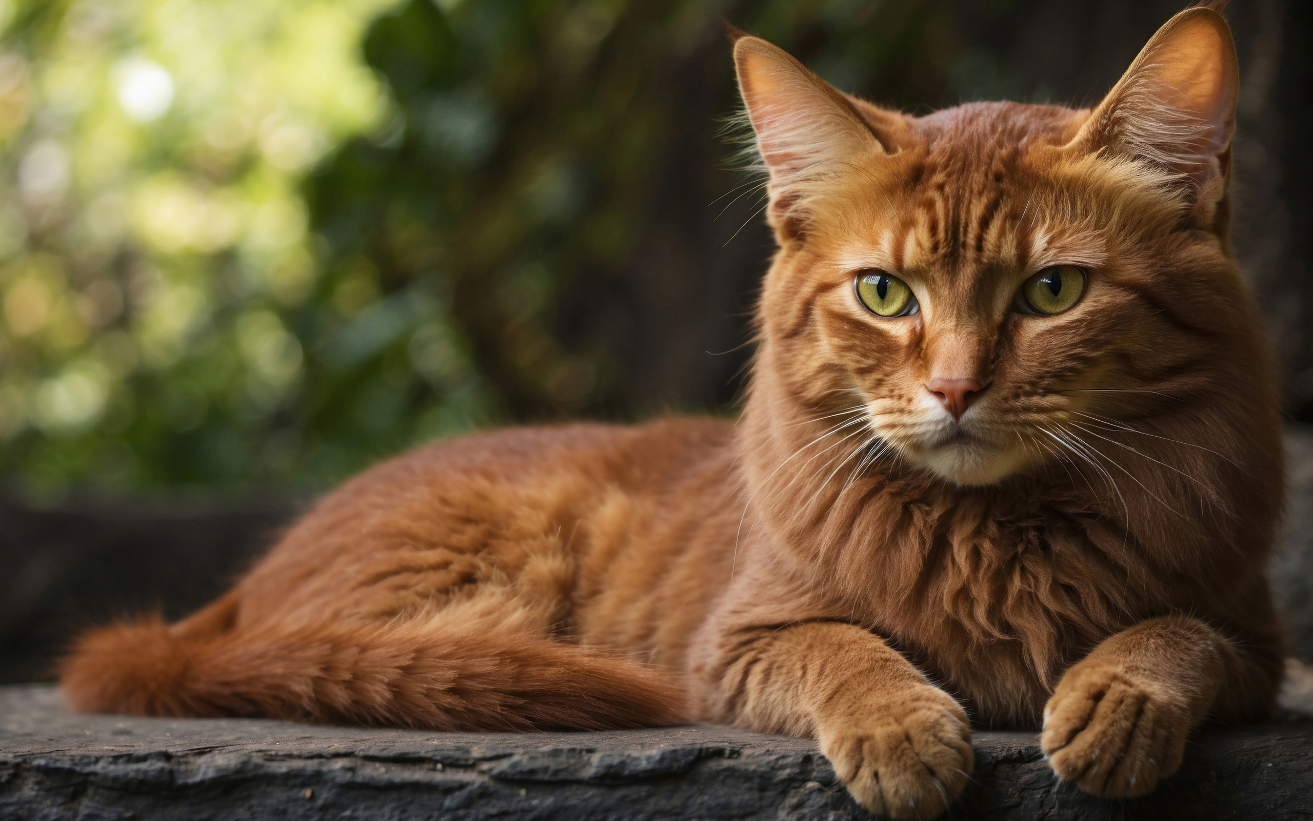 Большой рыжий кот лежит на камне