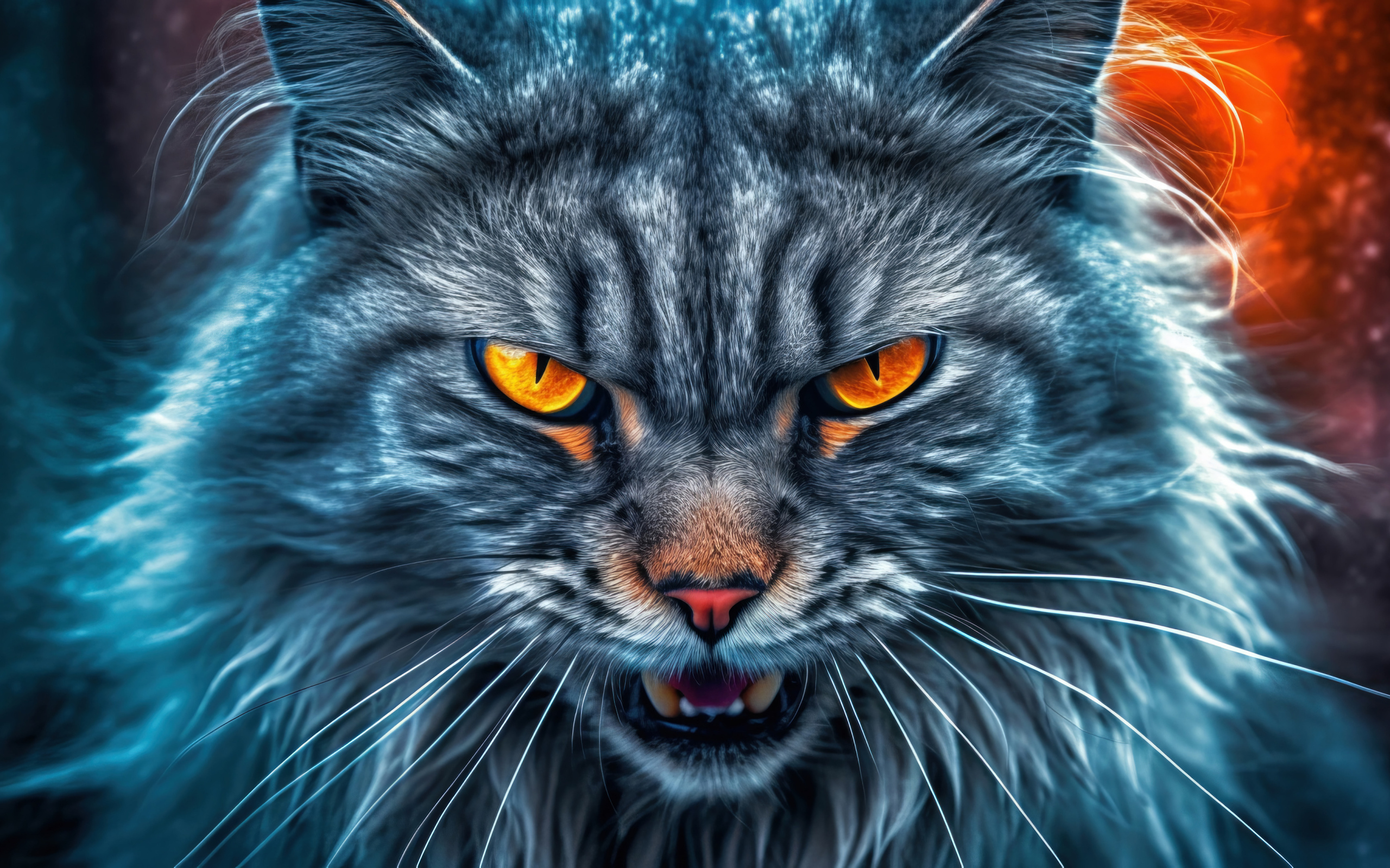 Злой серый пушистый кот с огненными глазами