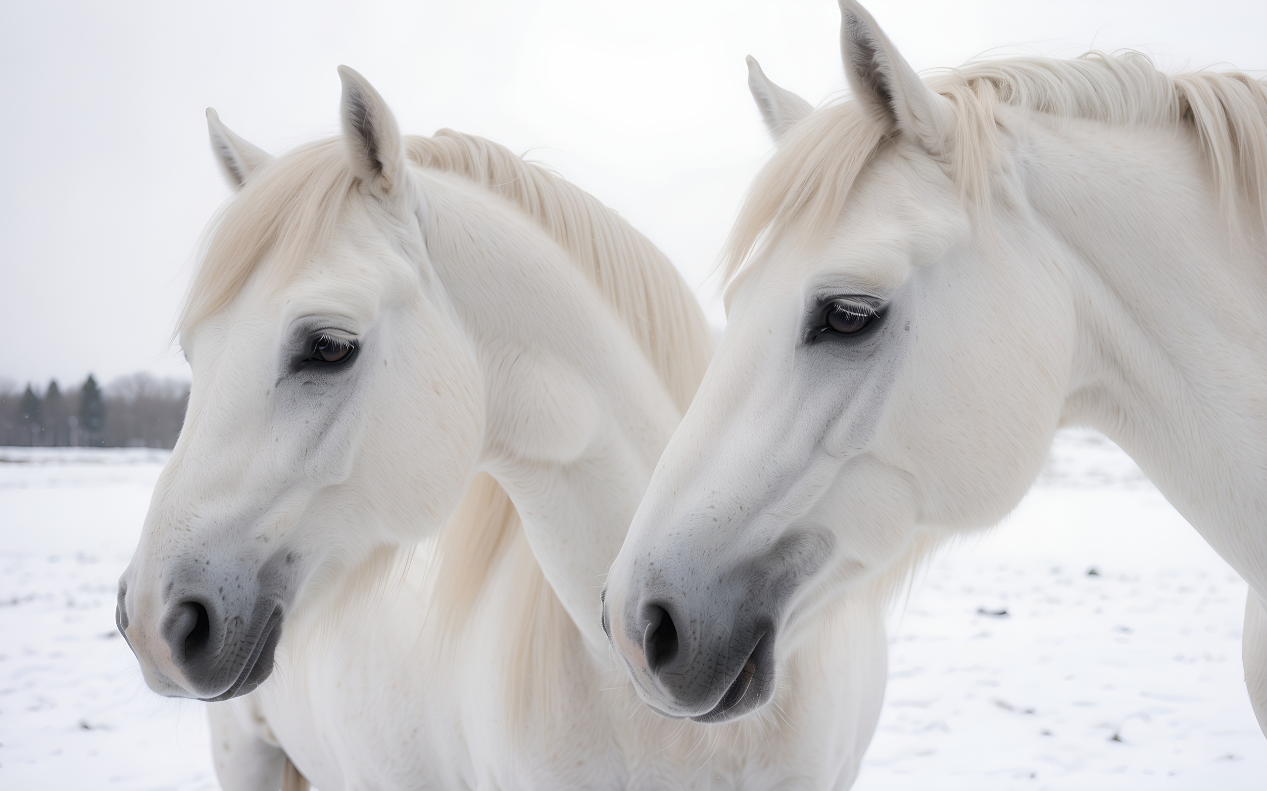 Две красивые белые лошади зимой