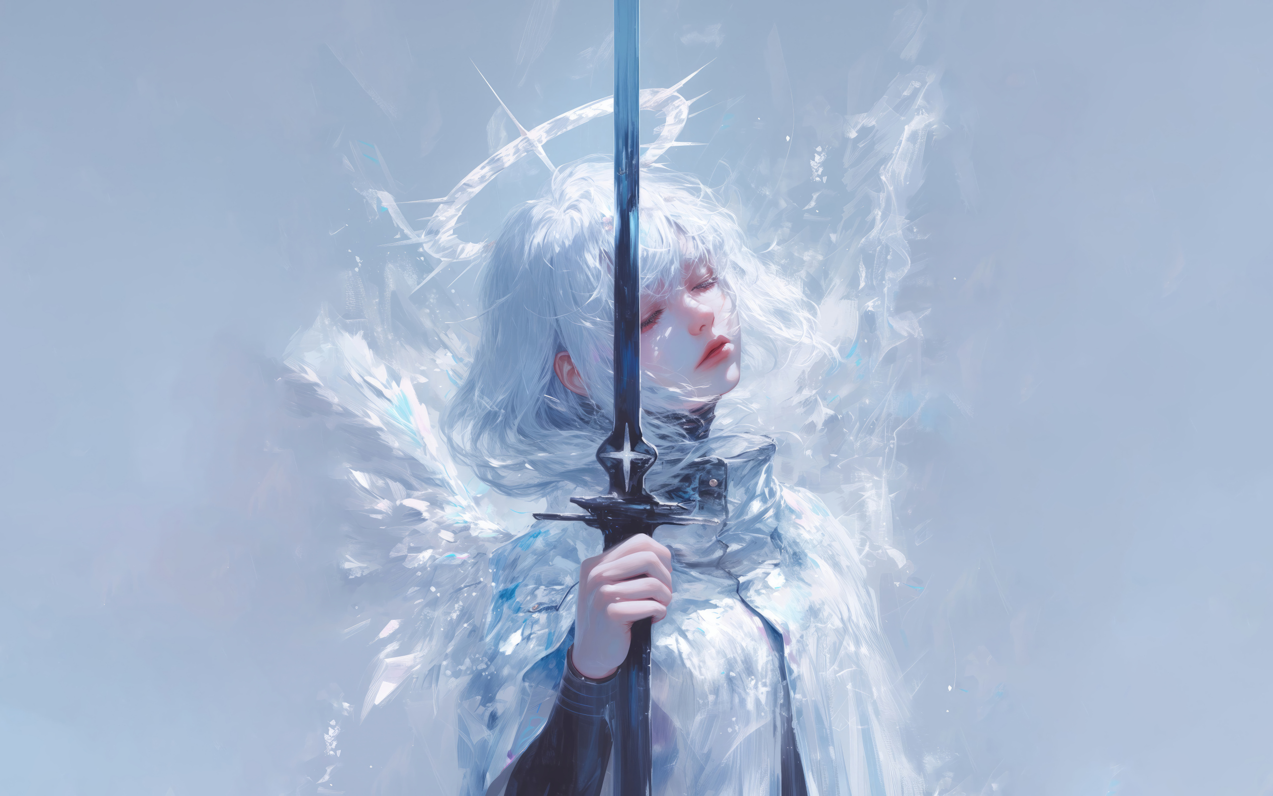 Девушка аниме ангел с оружием на сером фоне