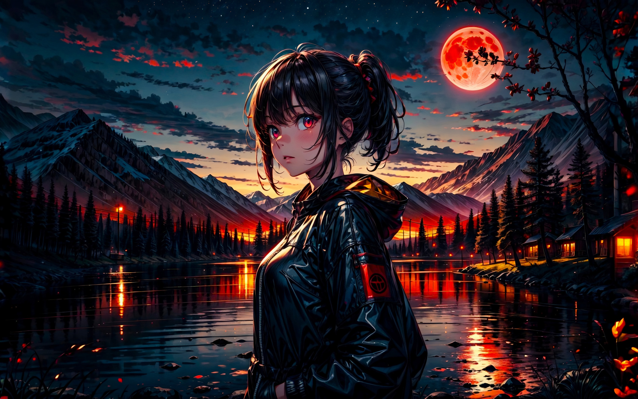 Девушка аниме в черной куртке у реки на фоне луны