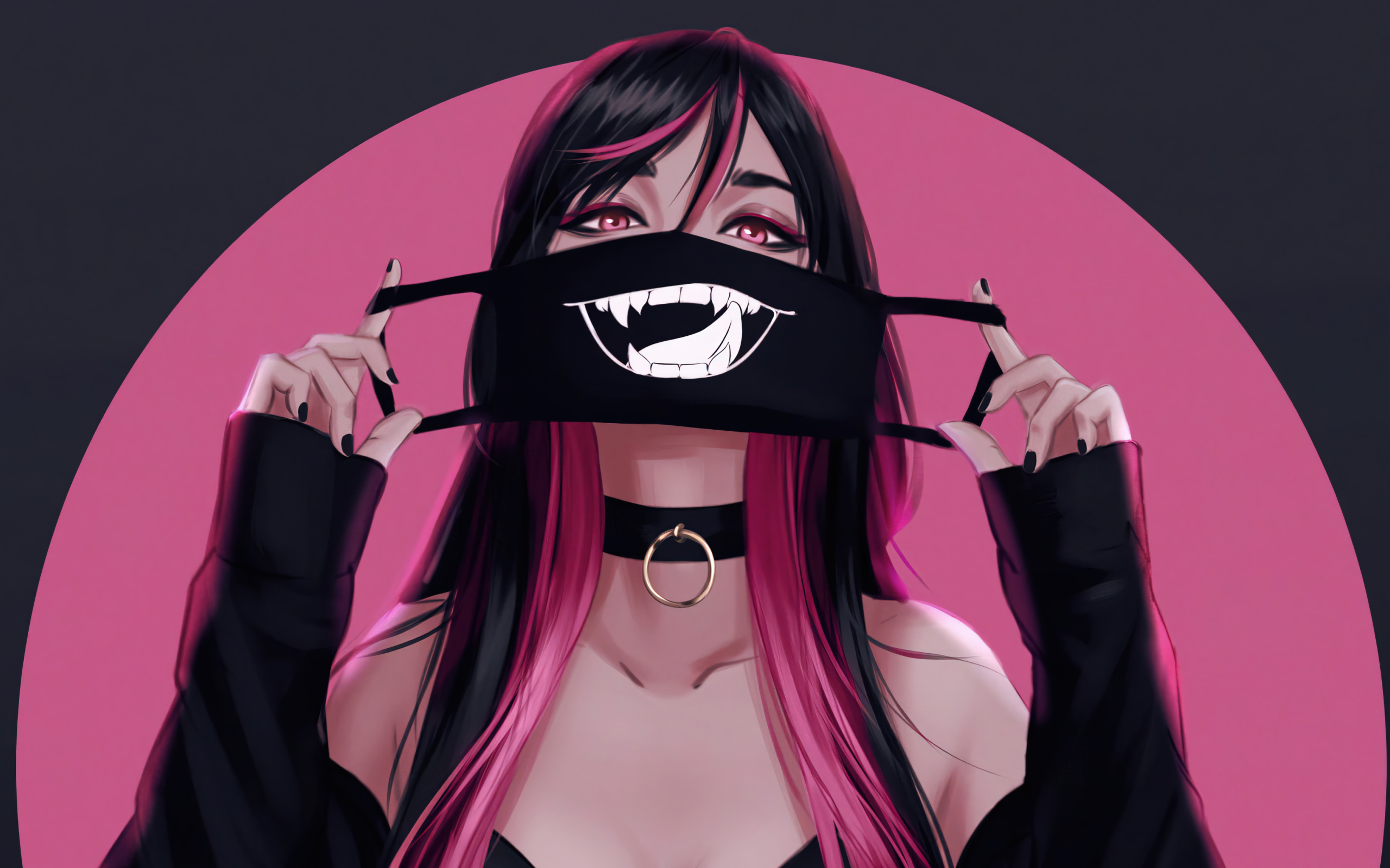 Девушка аниме с черной смешной маской на лице