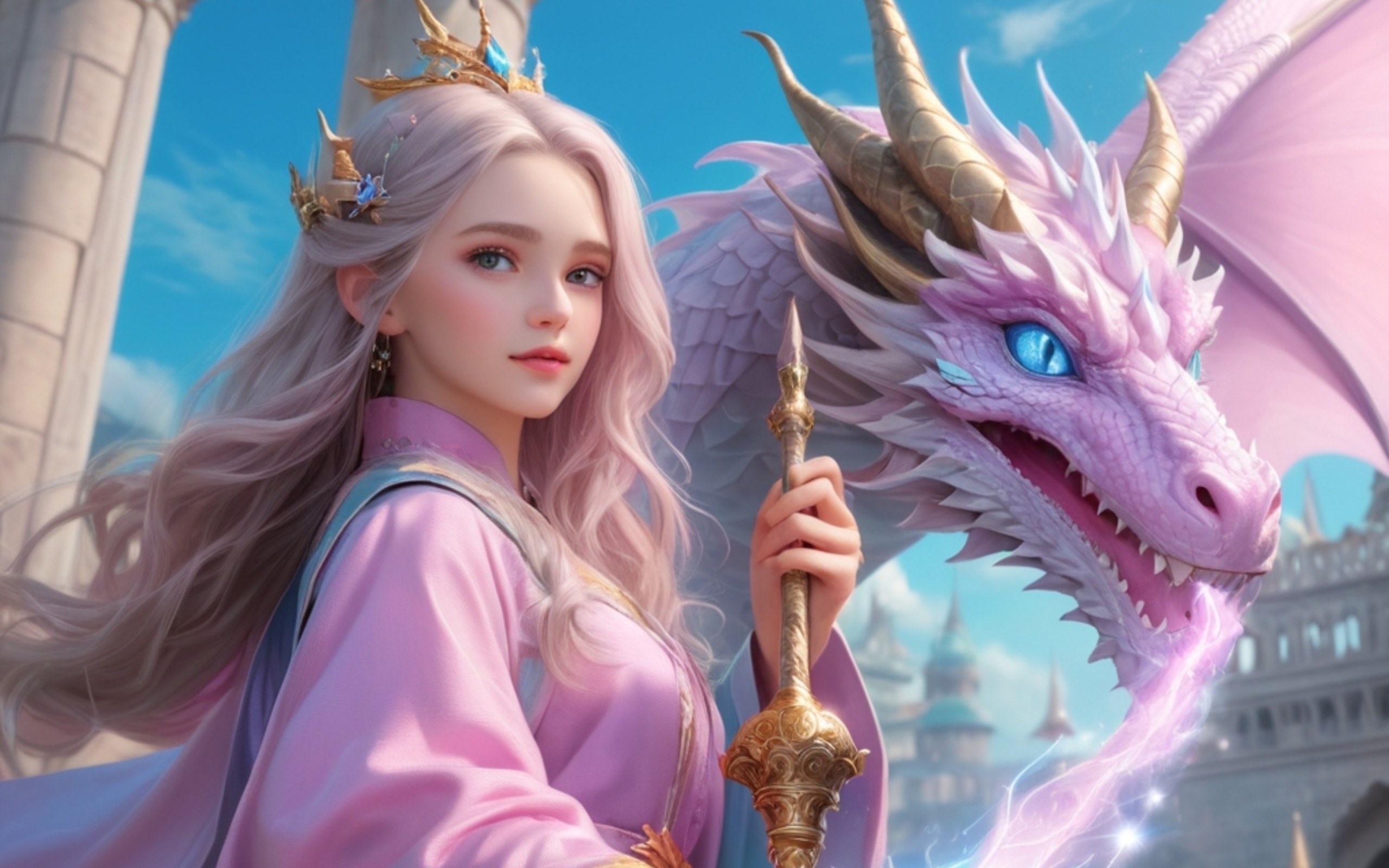 Девушка аниме с розовым драконом