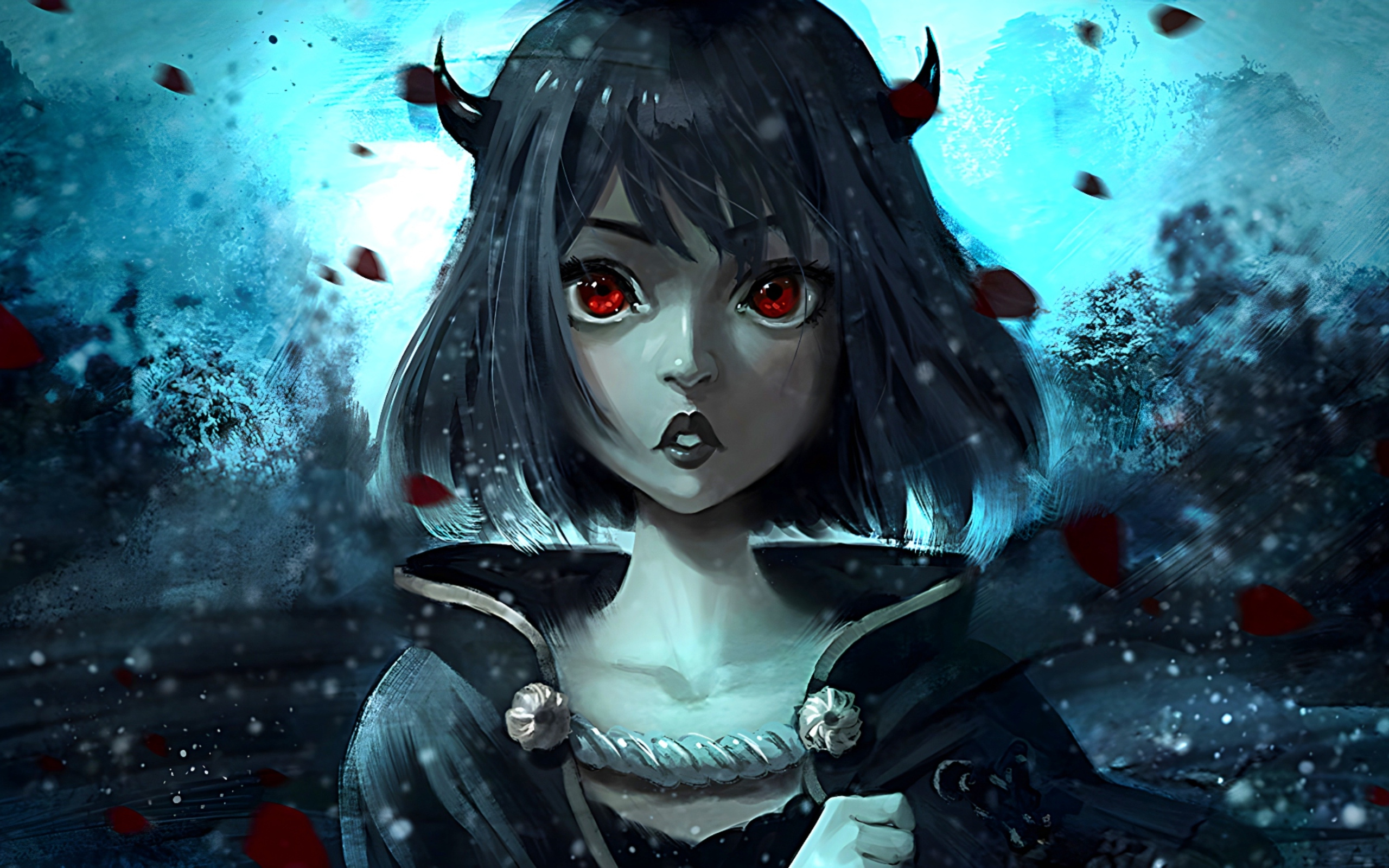 Девушка аниме с красными глазами и рогами на голове