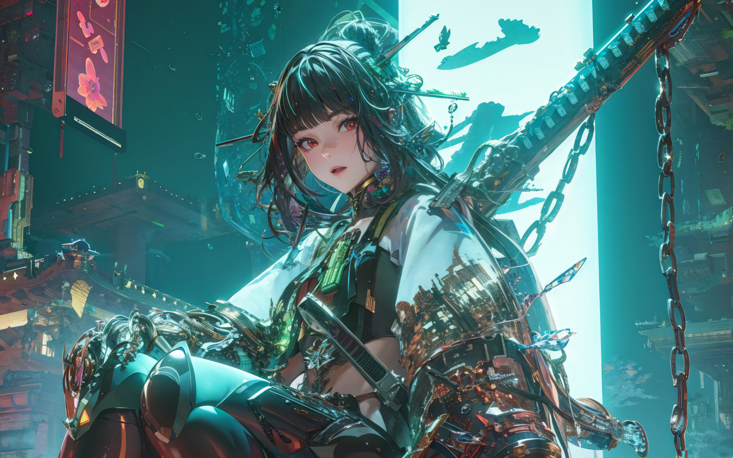 Девушка аниме самурай в городе