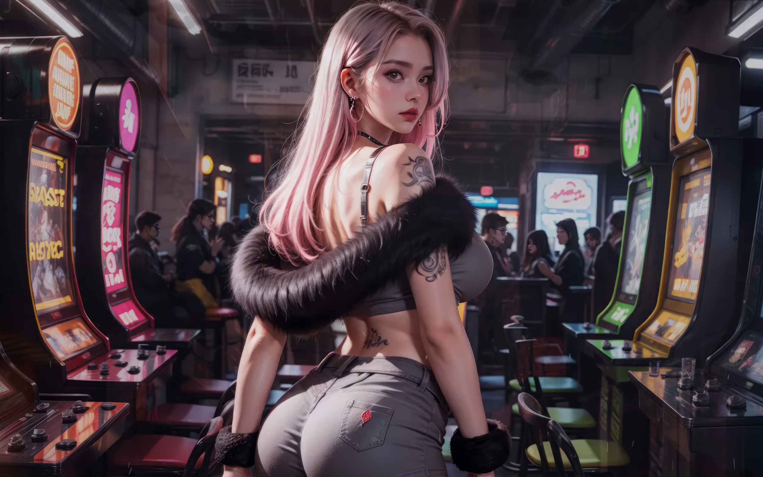 Красивая девушка аниме в зале с игровыми автоматами