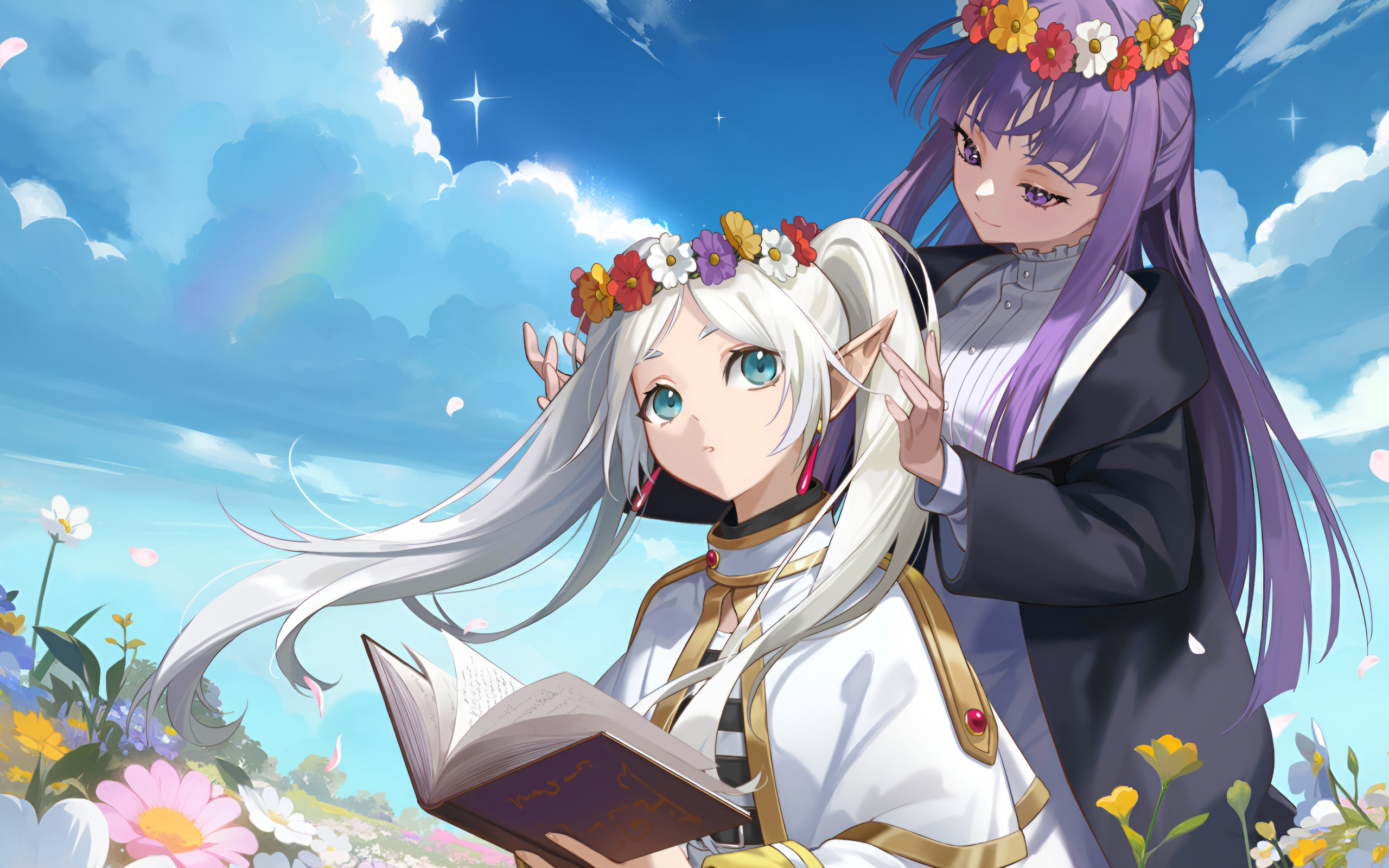 Две девушки аниме на поле с венками