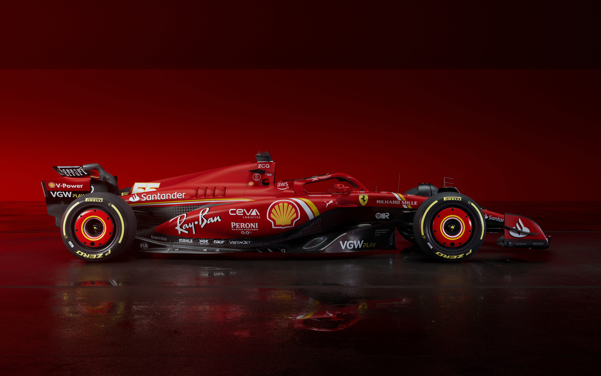 Красный гоночный автомобиль Ferrari SF-24 2024 года вид сбоку