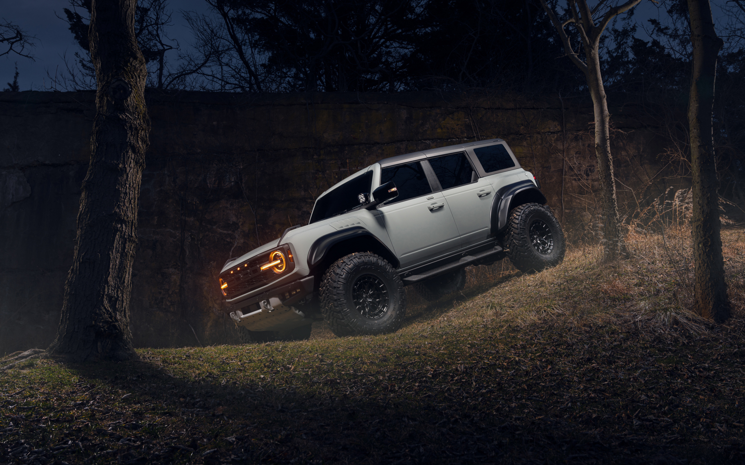Джип Ford Bronco Raptor в лесу ночью