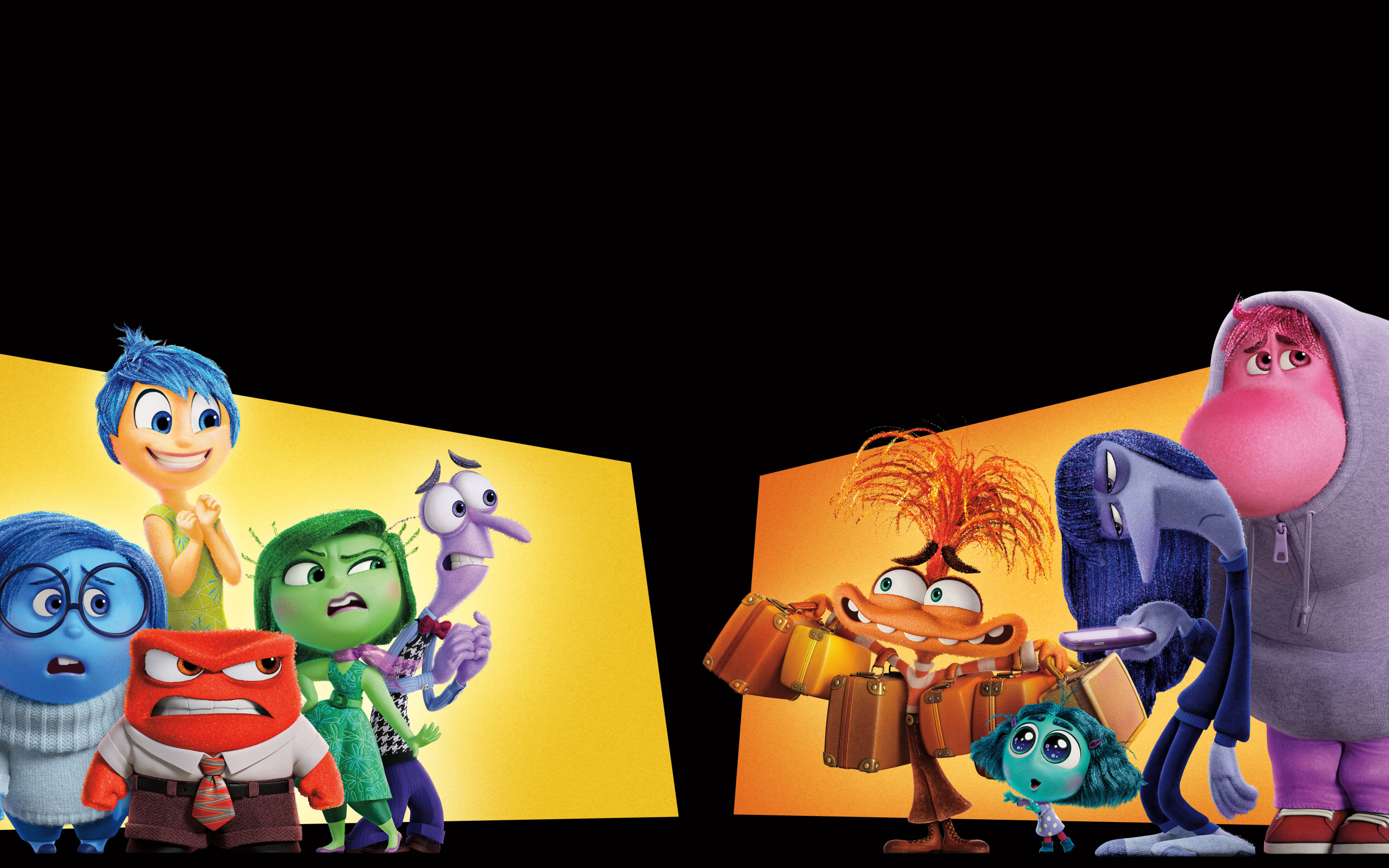 Забавные персонажи мультфильма Головоломка 2 на черном фоне