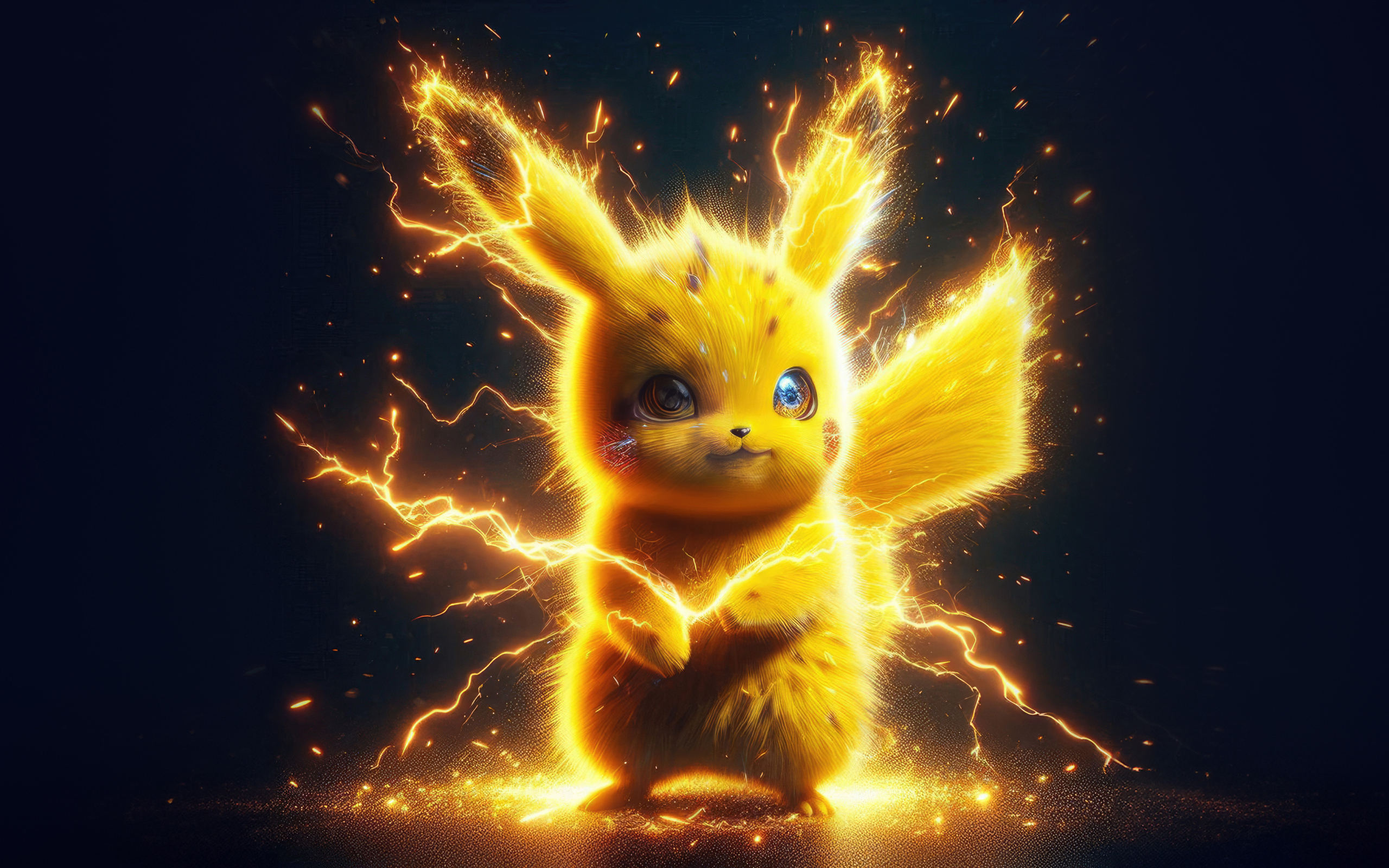 Желтый покемон Пикачу в разрядах молнии