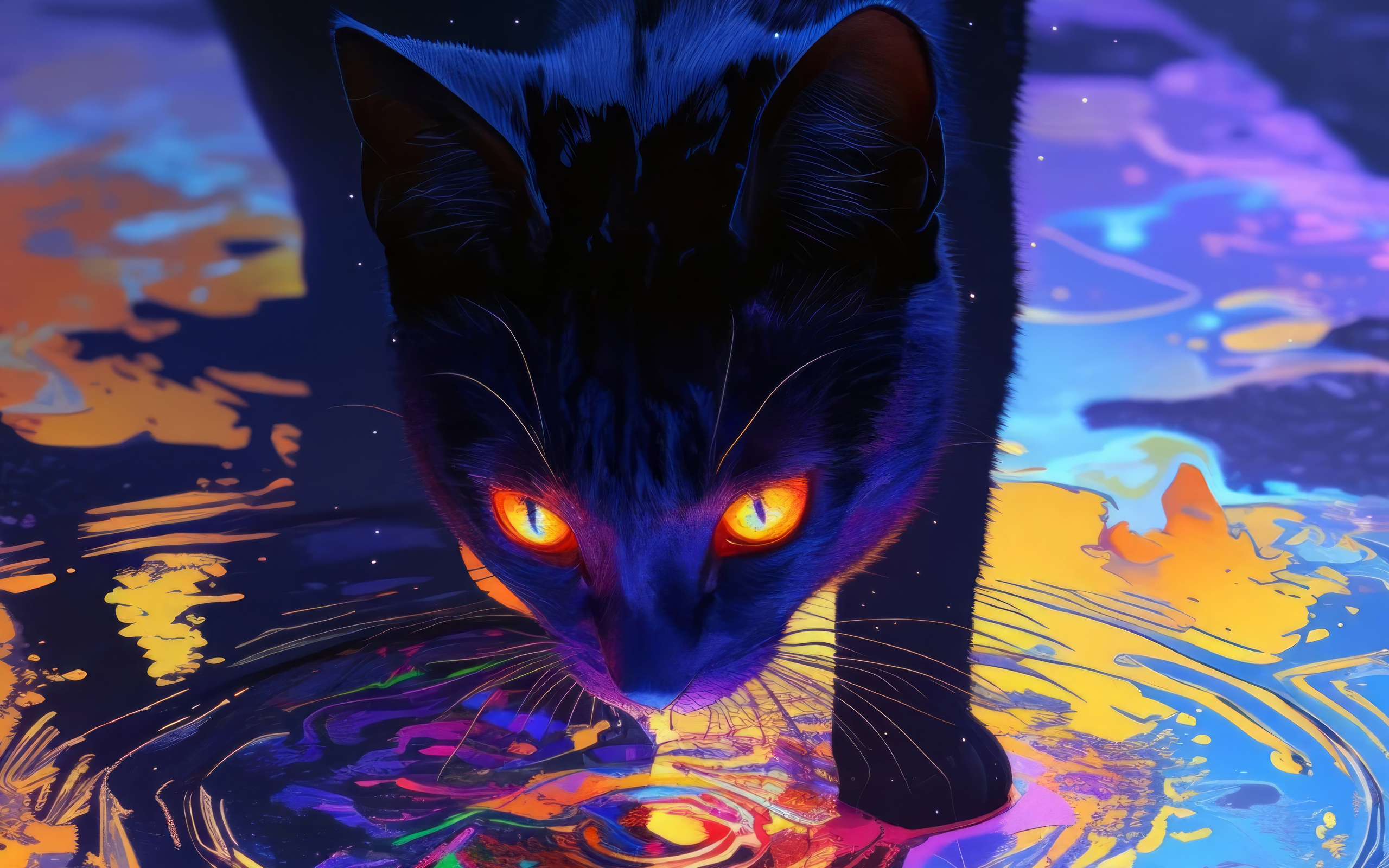 Черный кот с яркими оранжевыми глазами идет по воде