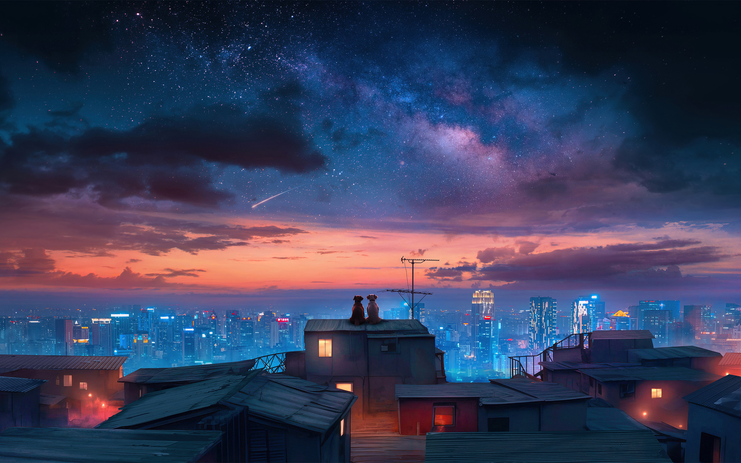 Красивое ночное небо над городскими небоскребами