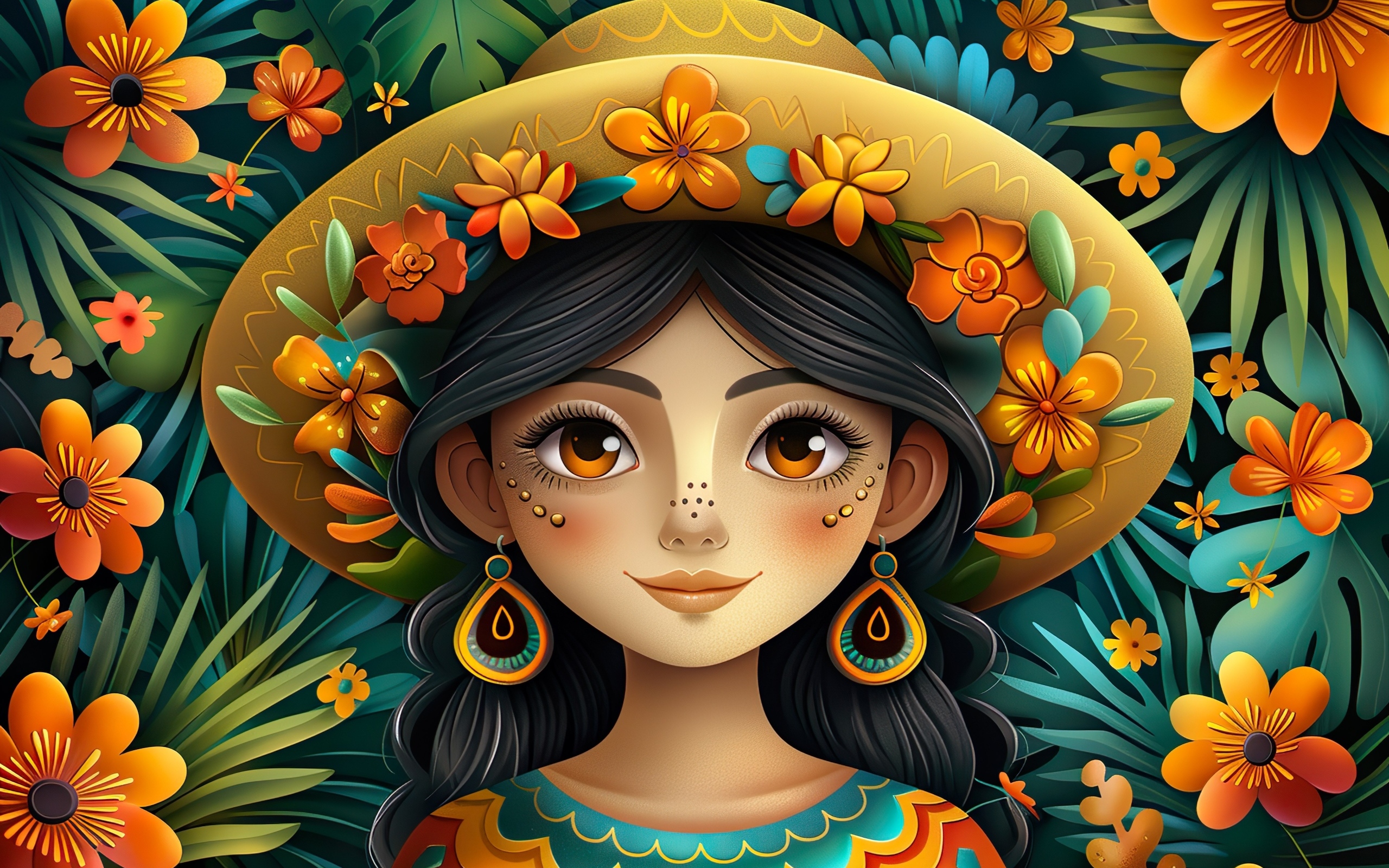 Нарисованная мексиканка в шляпе