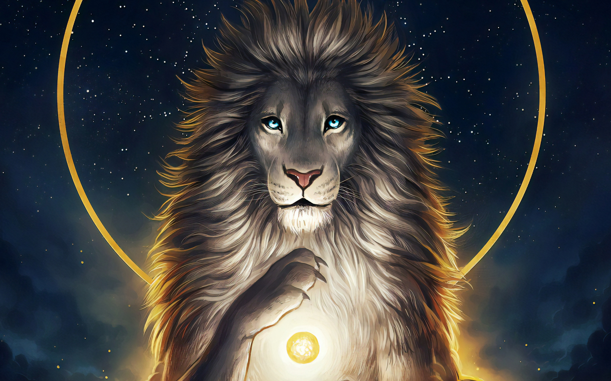 Нарисованный голубоглазый лев на фоне неба
