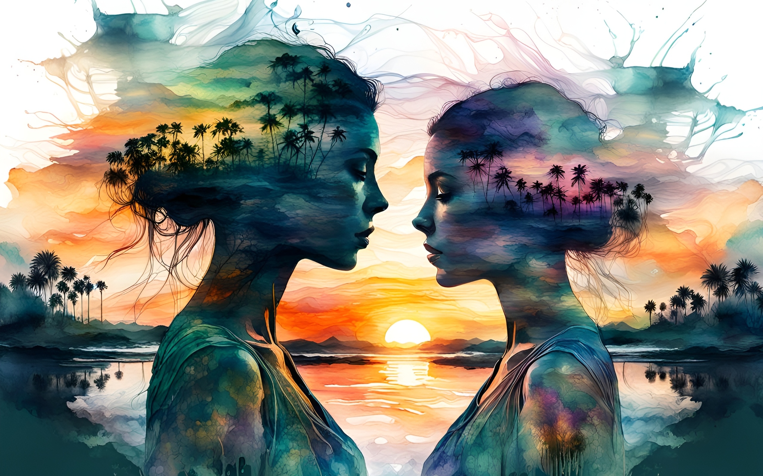 Нарисованные силуэты девушек на фоне природы