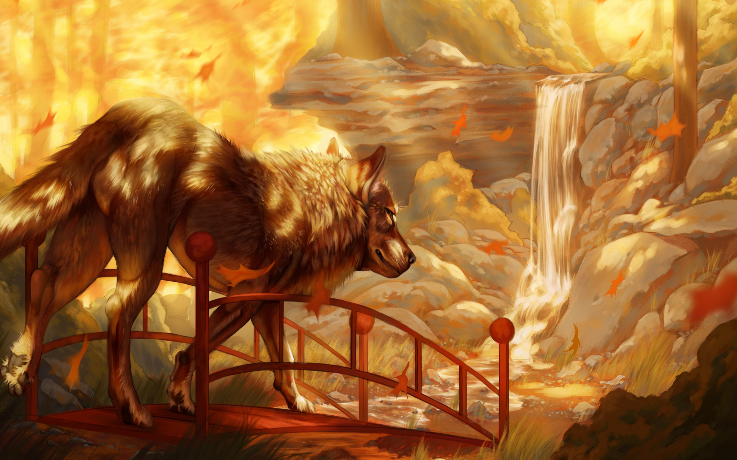 Нарисованный большой волк у водопада