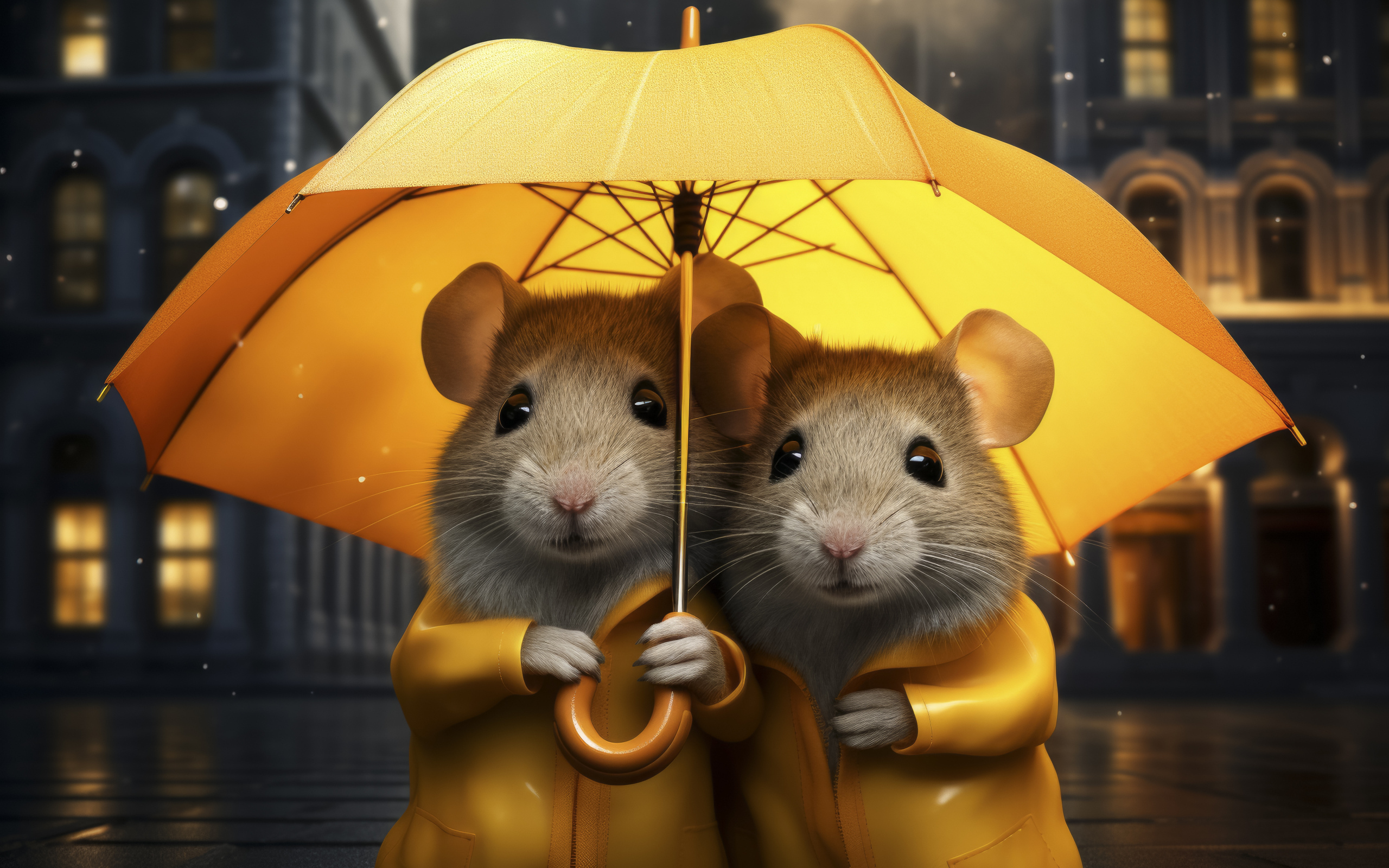 Две серые крысы под желтым зонтом