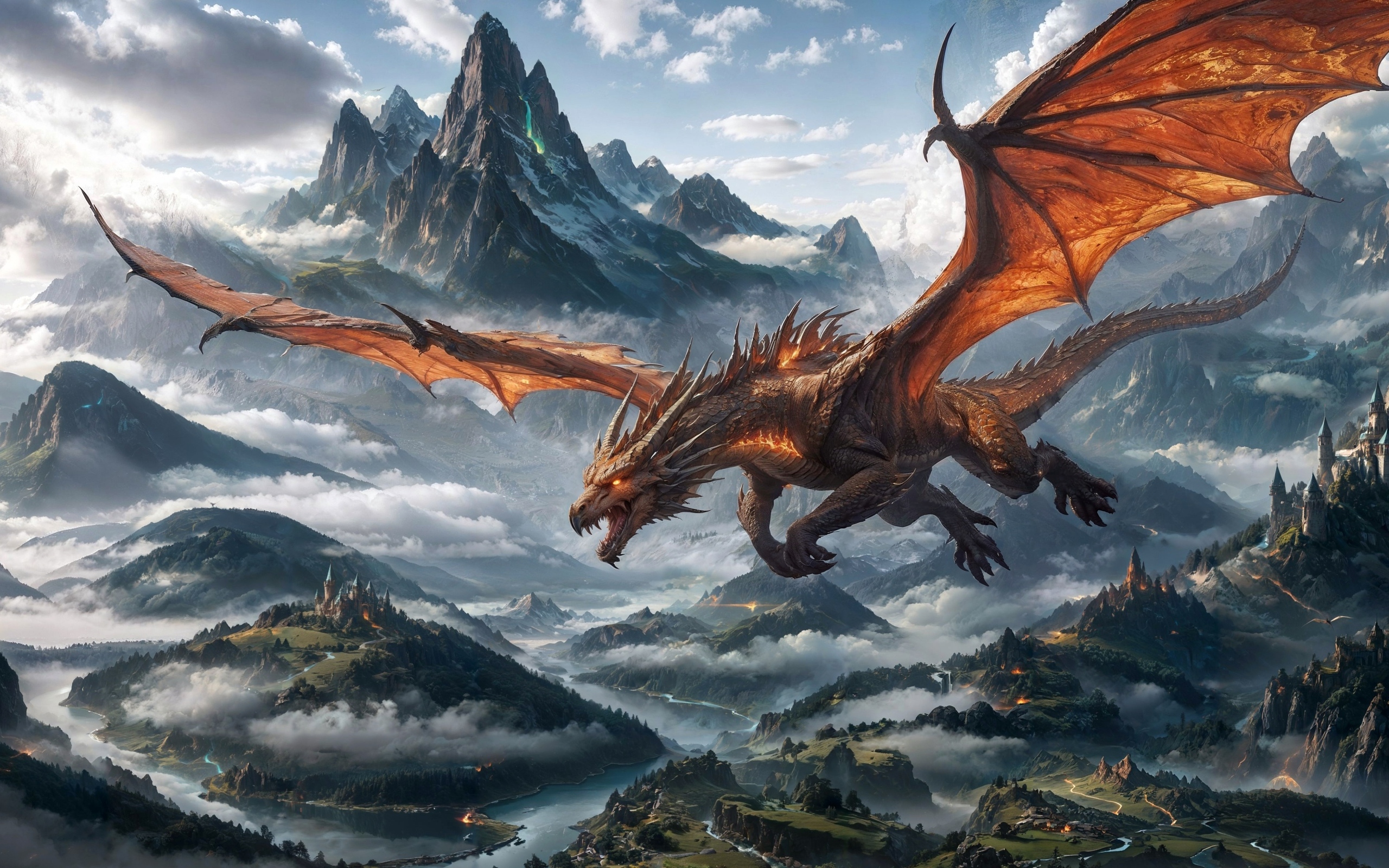 Большой дракон парит на горами