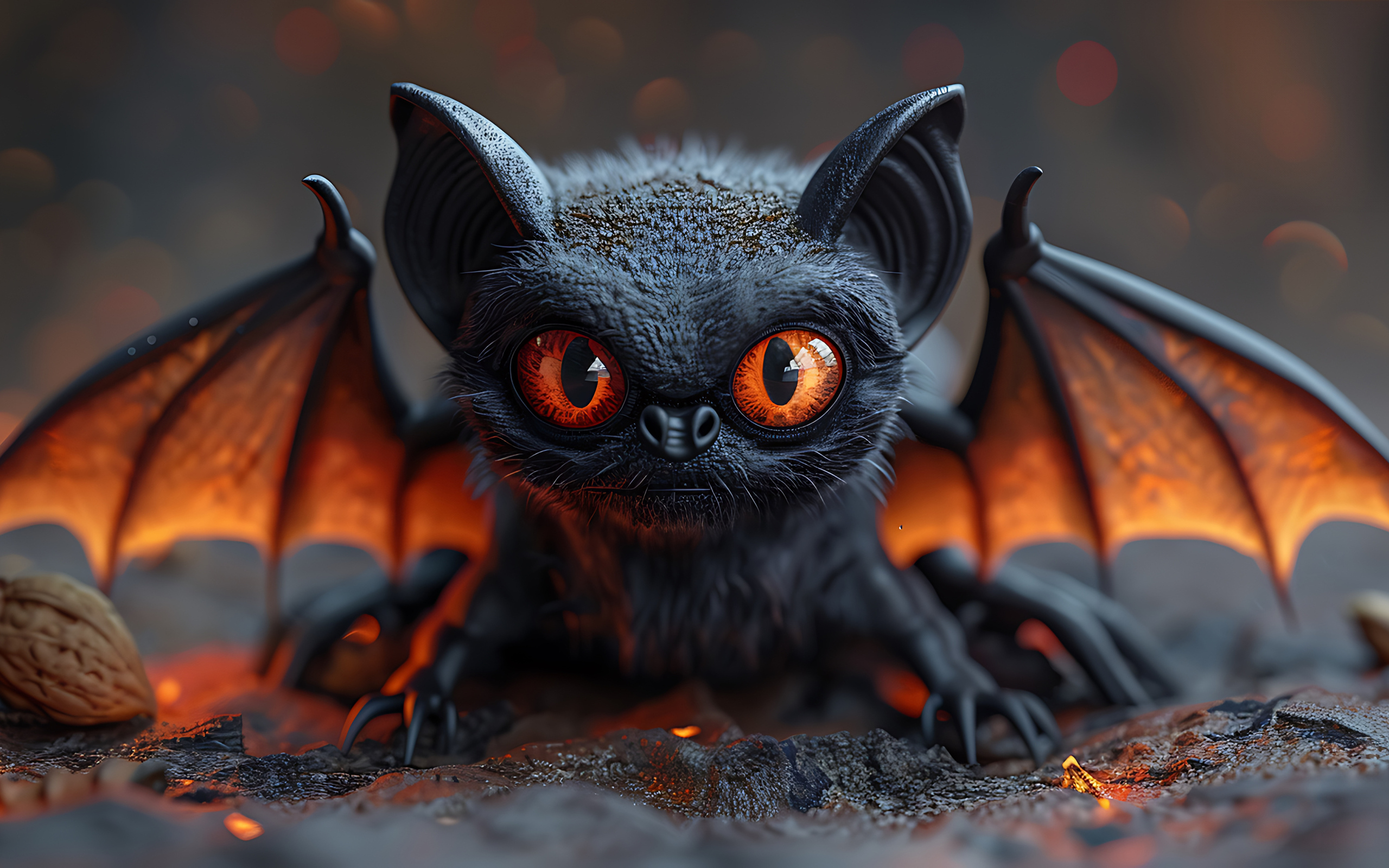 Маленькая летучая мышь с красными глазами расправила крылья