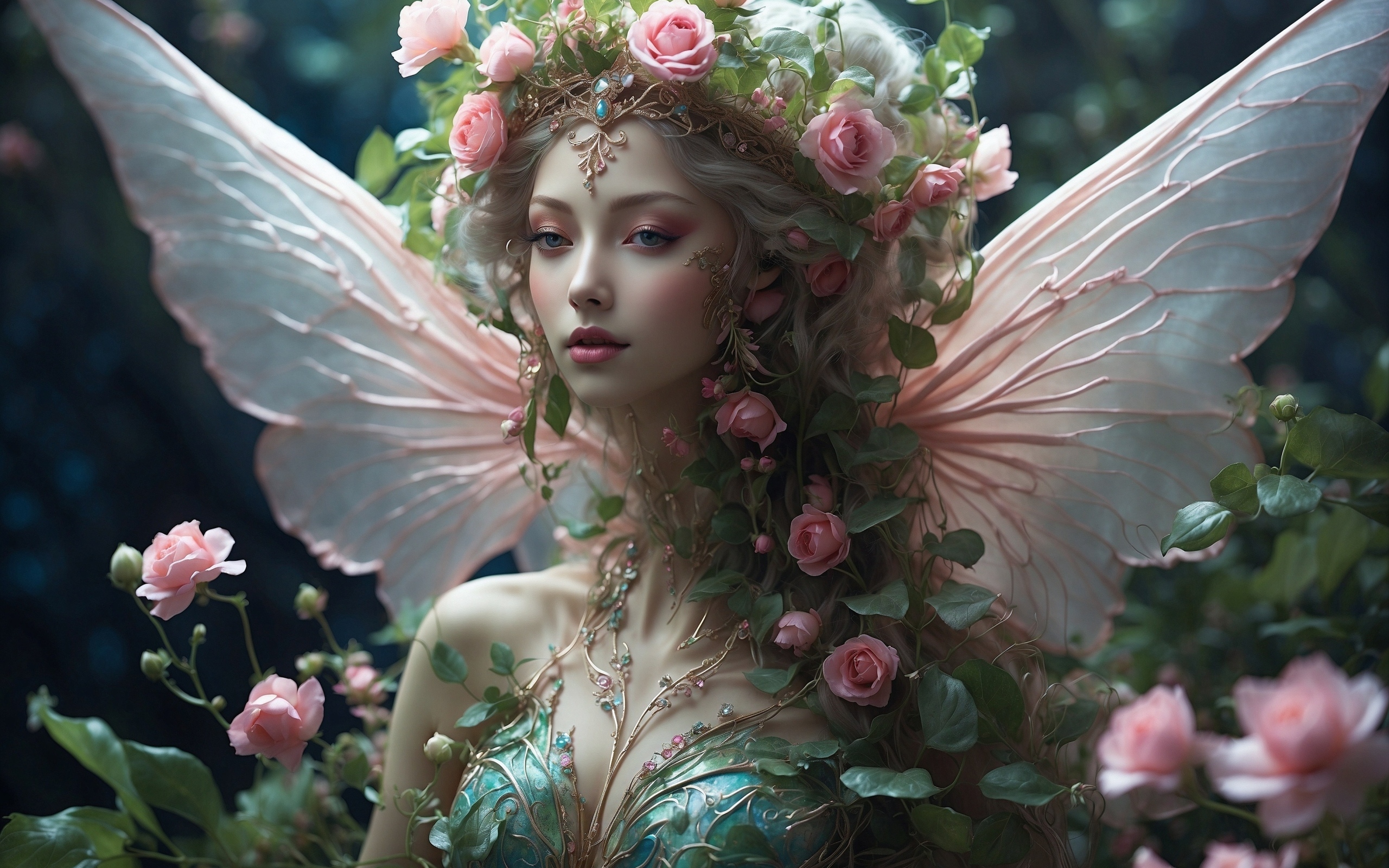 Красивая девушка фея с цветами на голове