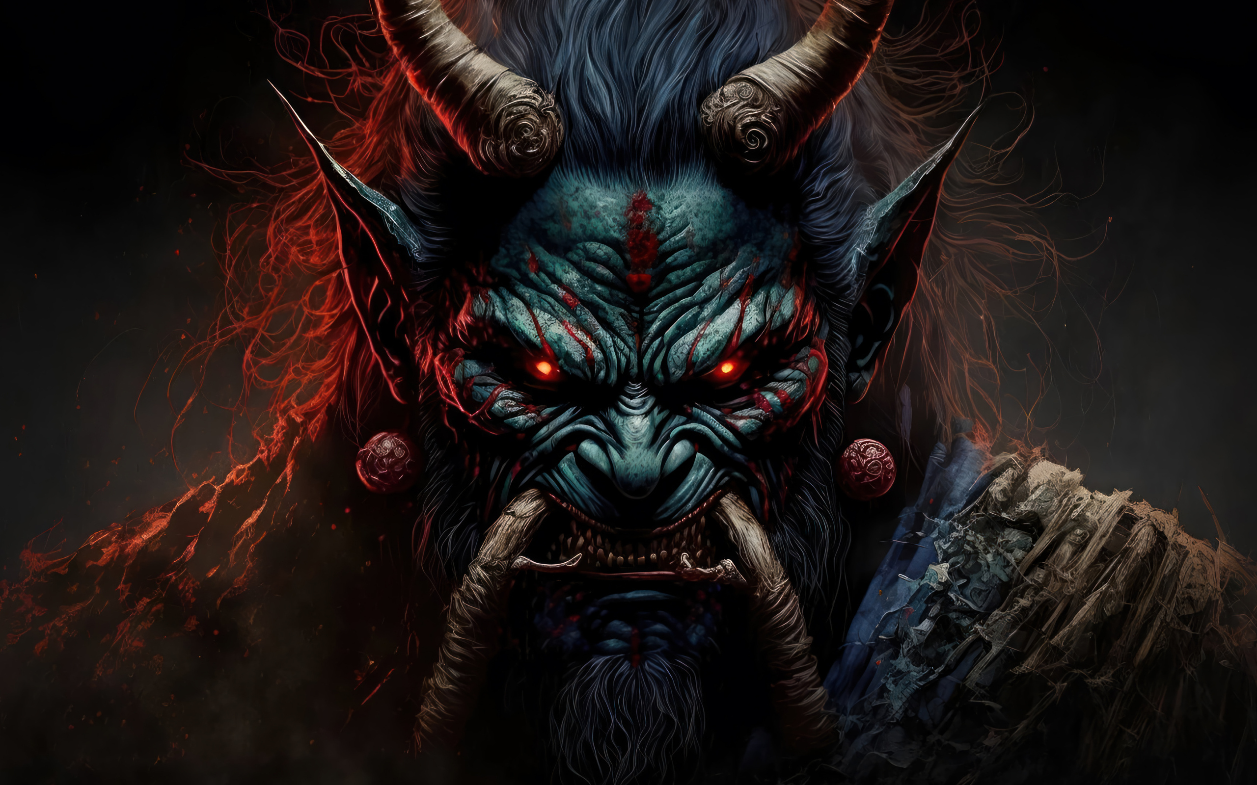 Демон с красными глазами крупным планом