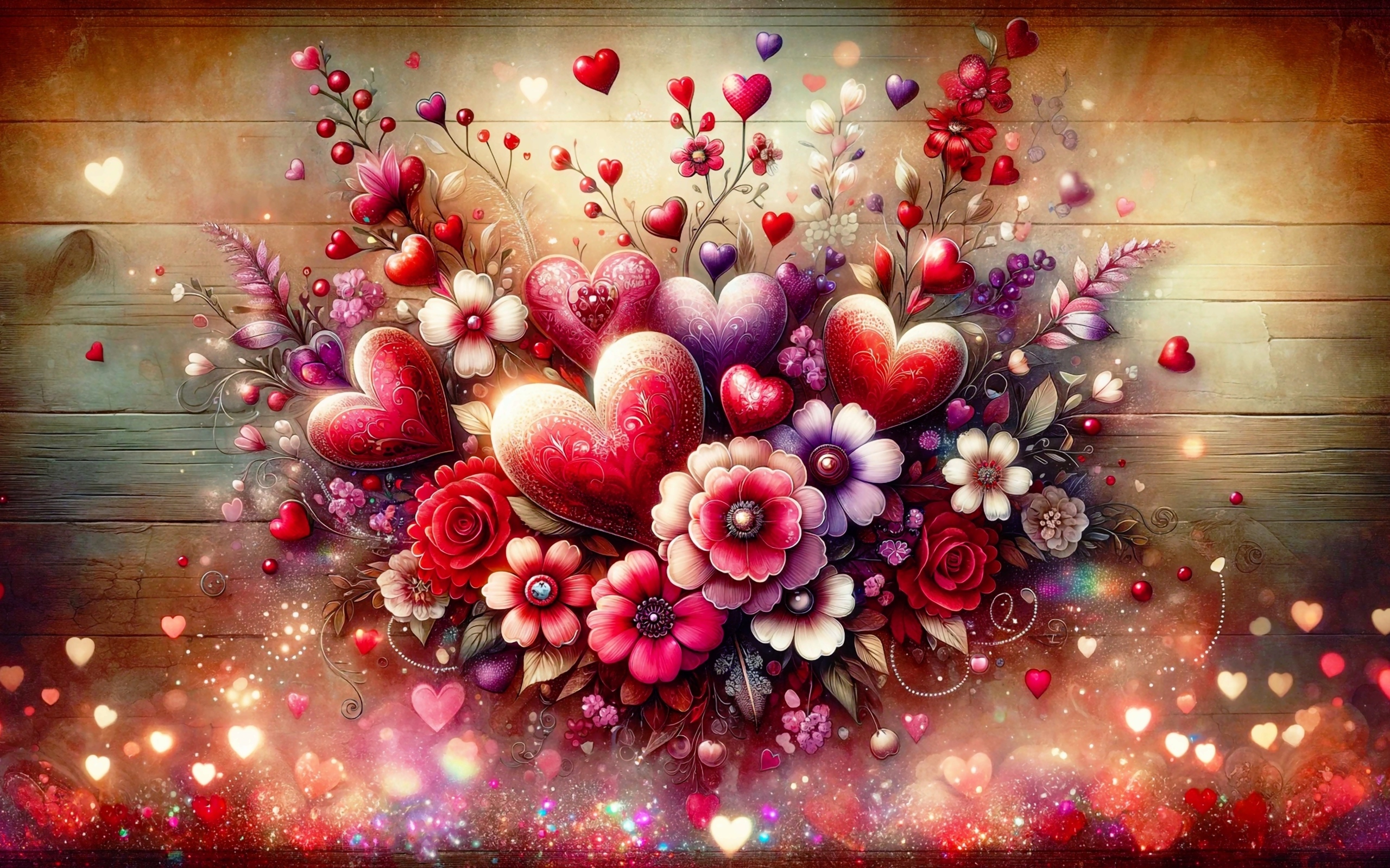 Нарисованные фантастические цветы с сердечками