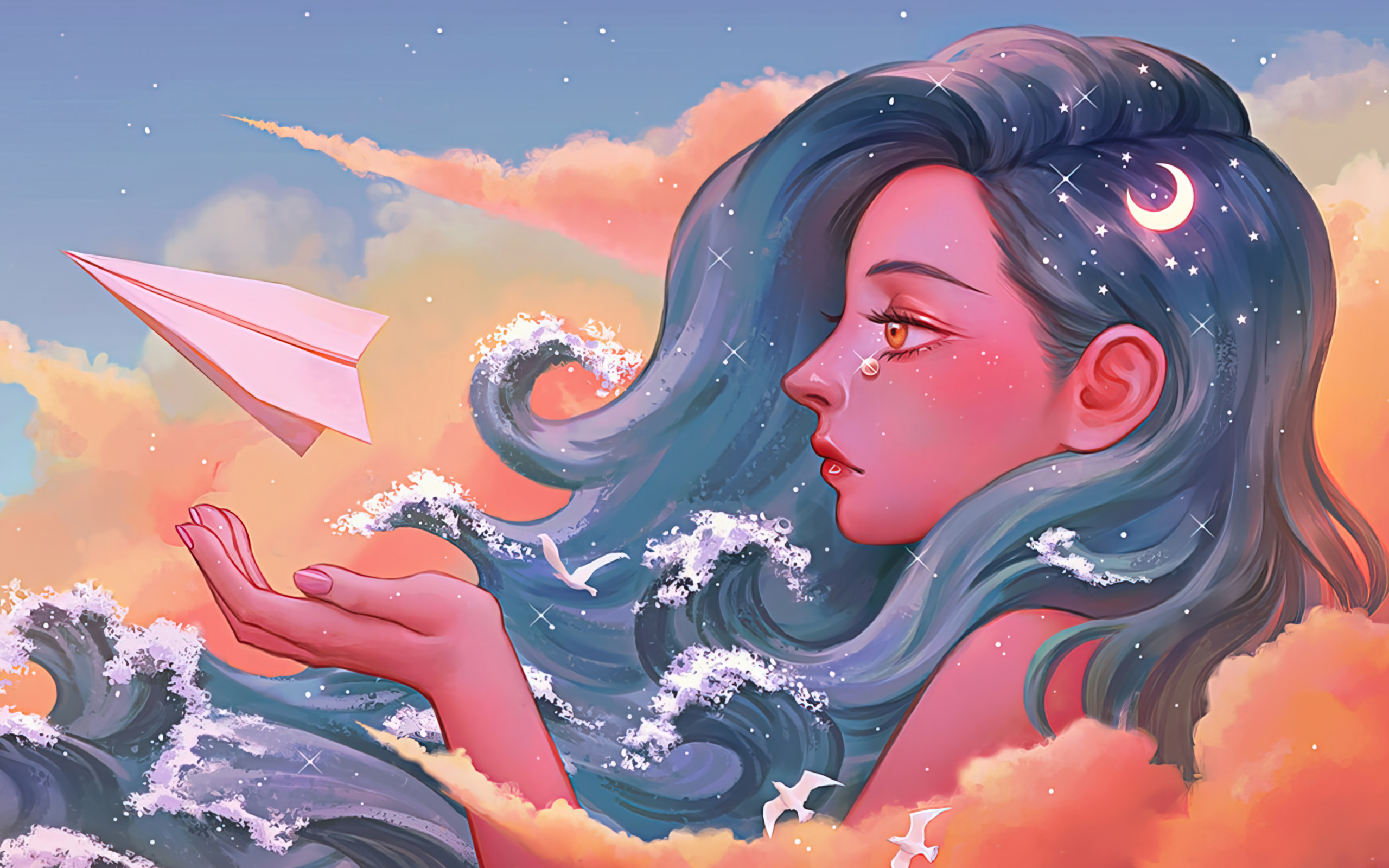 Фантастическая длинноволосая девушка с бумажным корабликом