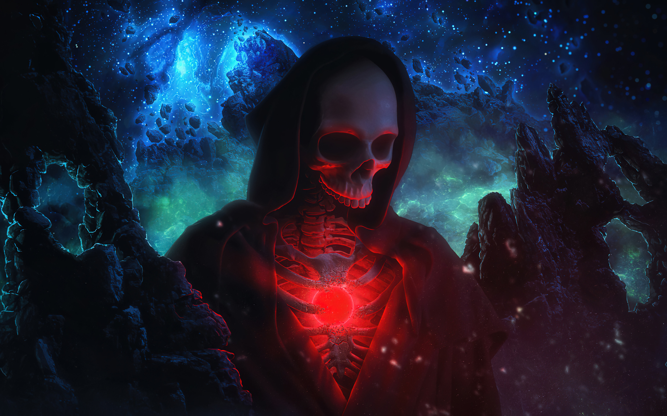 Скелет в черном плаще на фоне космического неба