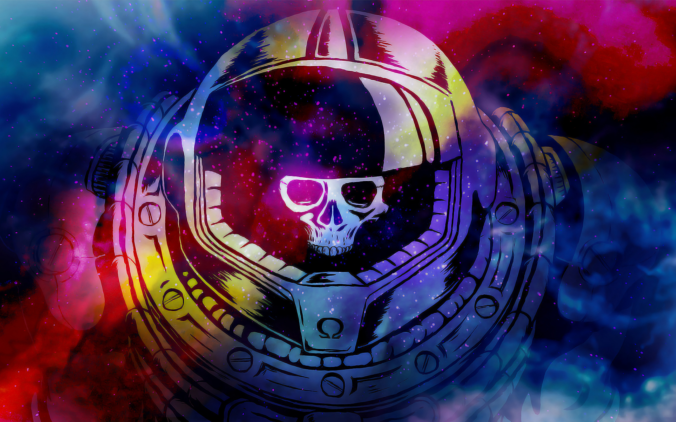 Череп в скафандре на разноцветном абстрактном фоне