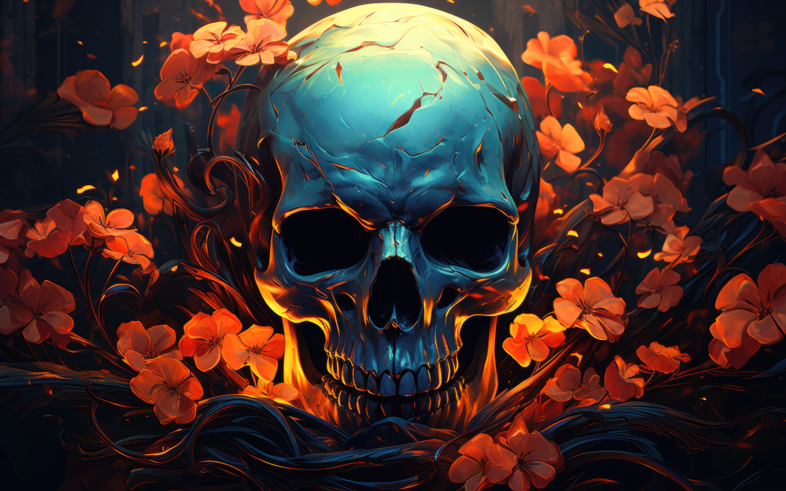 Череп с цветами крупным планом