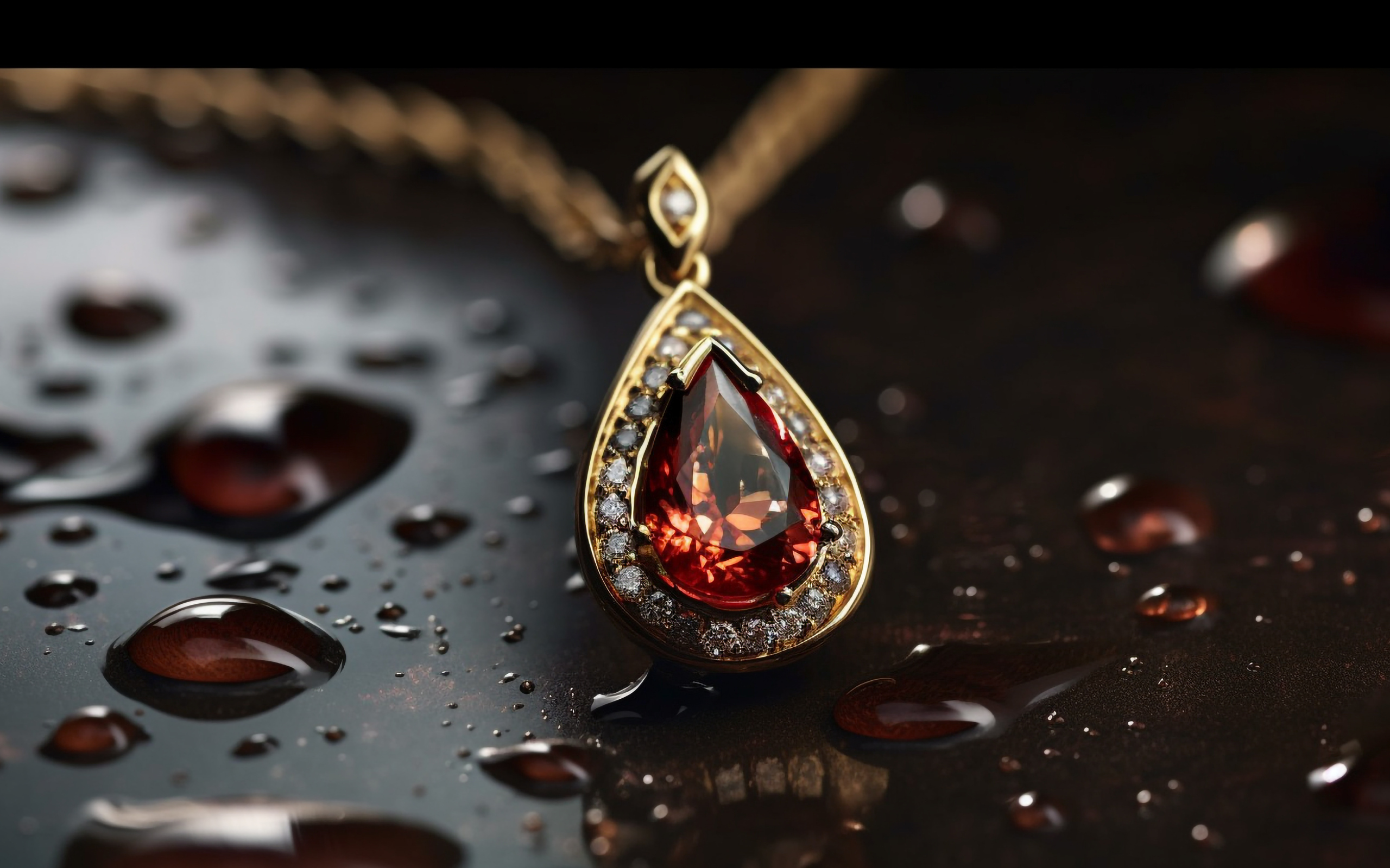 Кулон с красным камнем на мокрой поверхности 