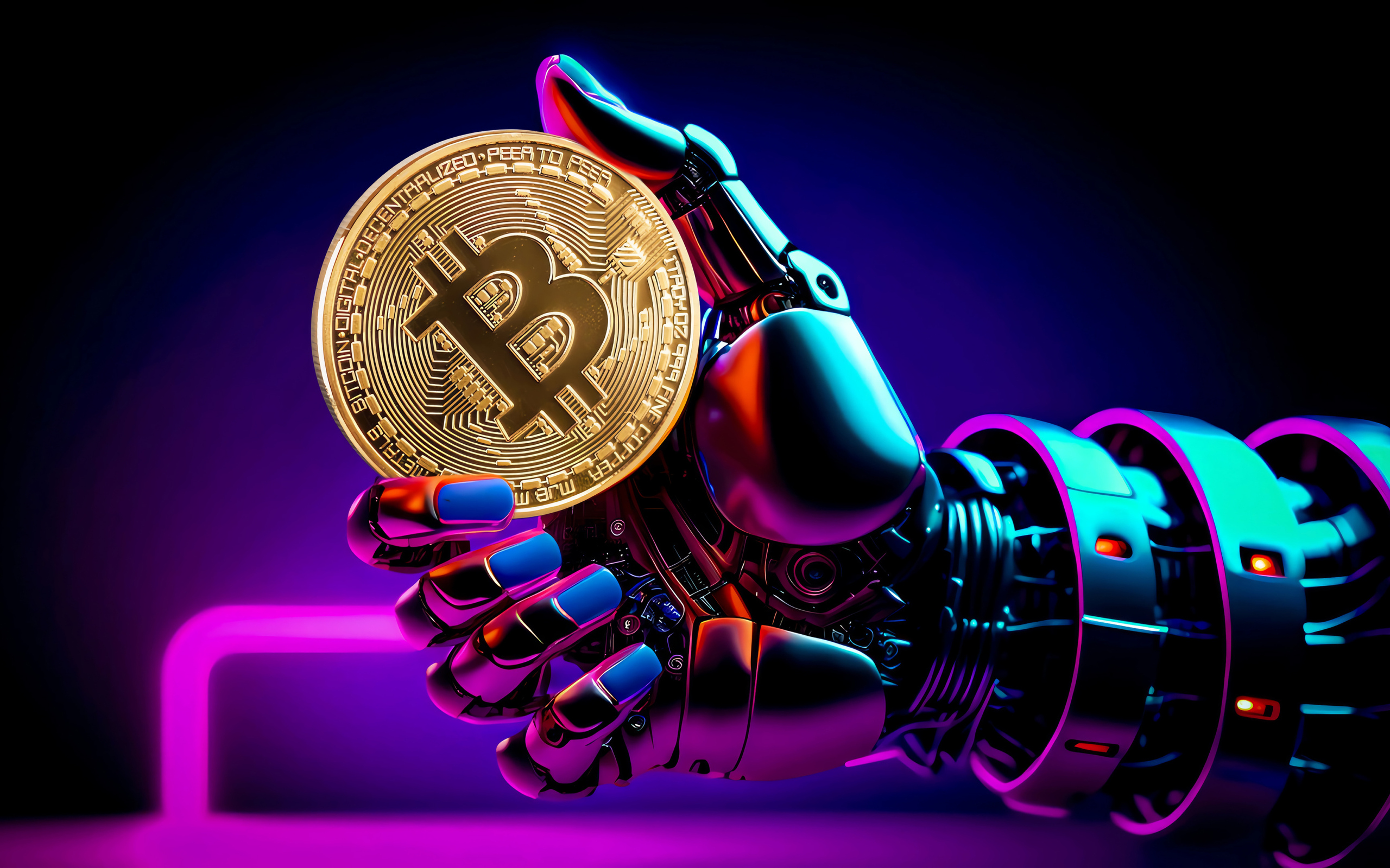 Золотая монета биткоин в руке у робота