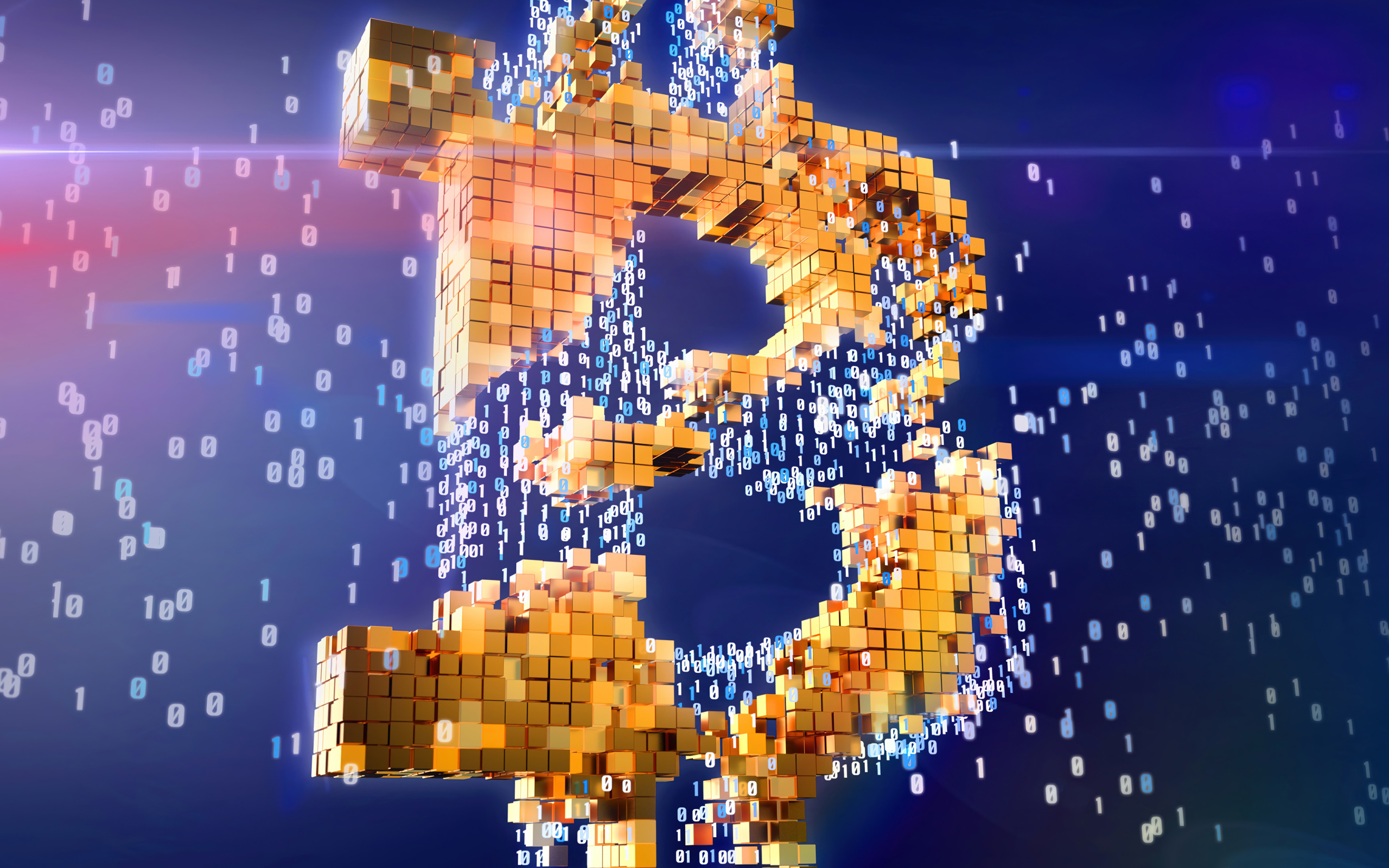 Значок биткоин разрушается на числа и пиксели