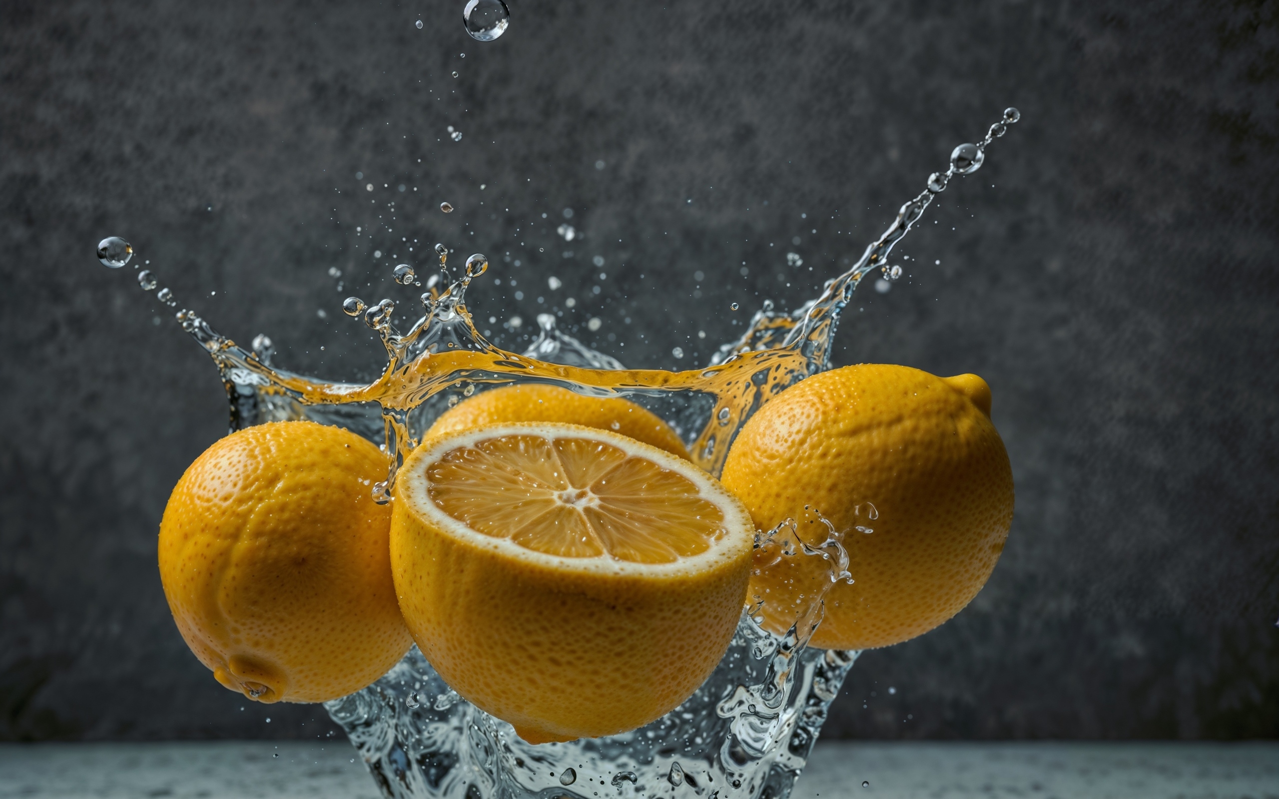 Желтый лимон в брызах воды на сером фоне