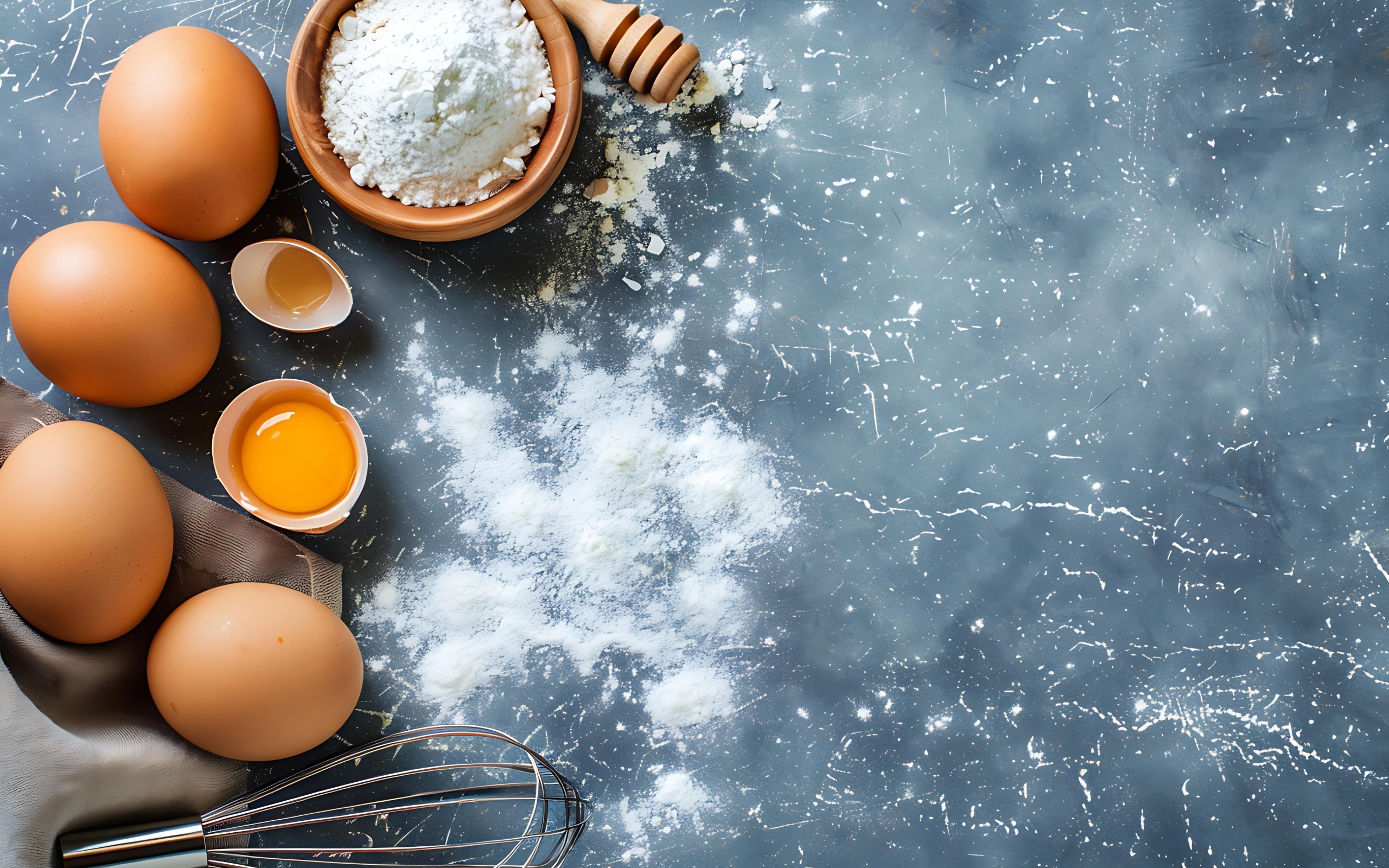Свежие яйца, мука и венчик на сером столе