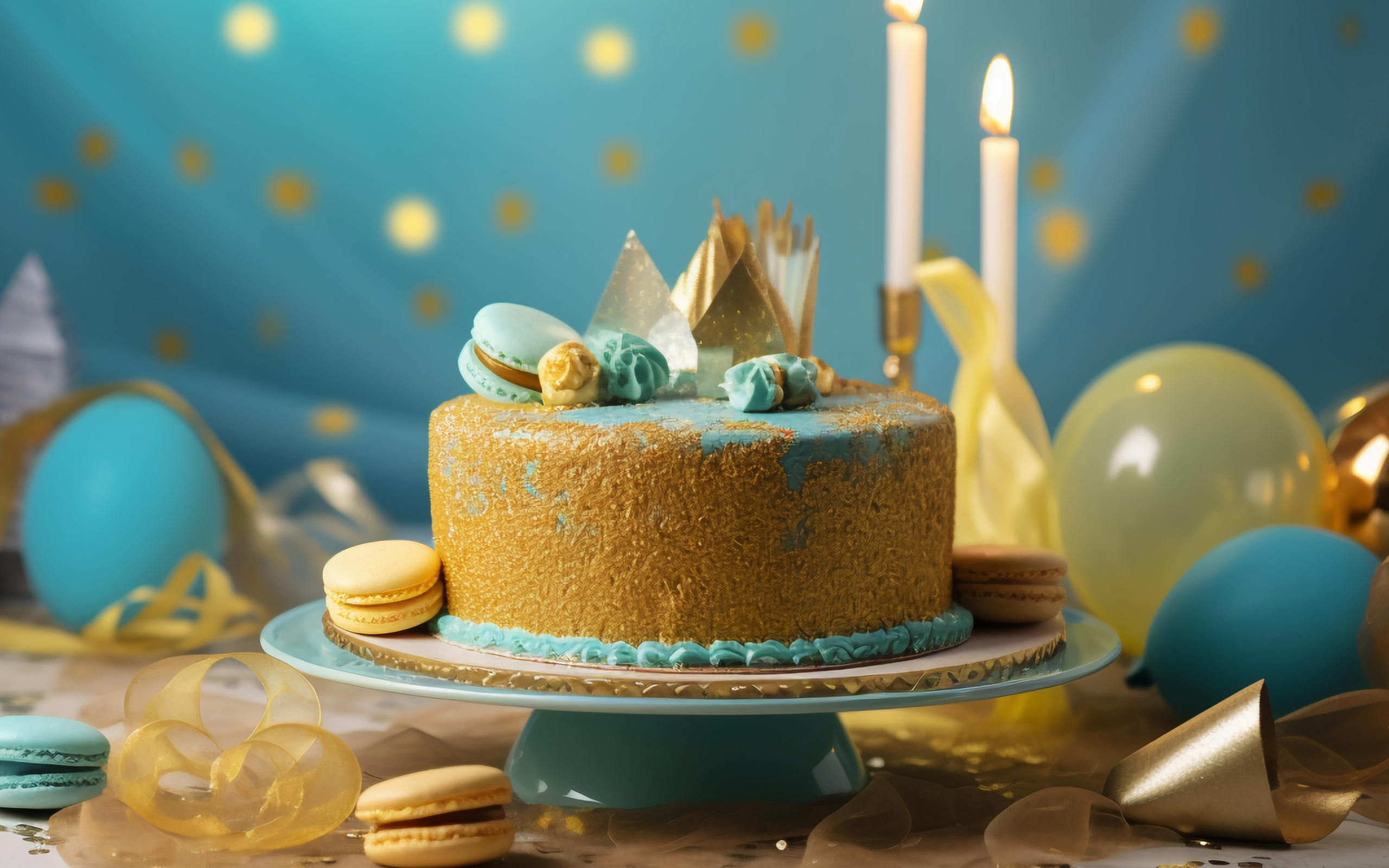 Торт на день рождения в голубой глазури с макарунами