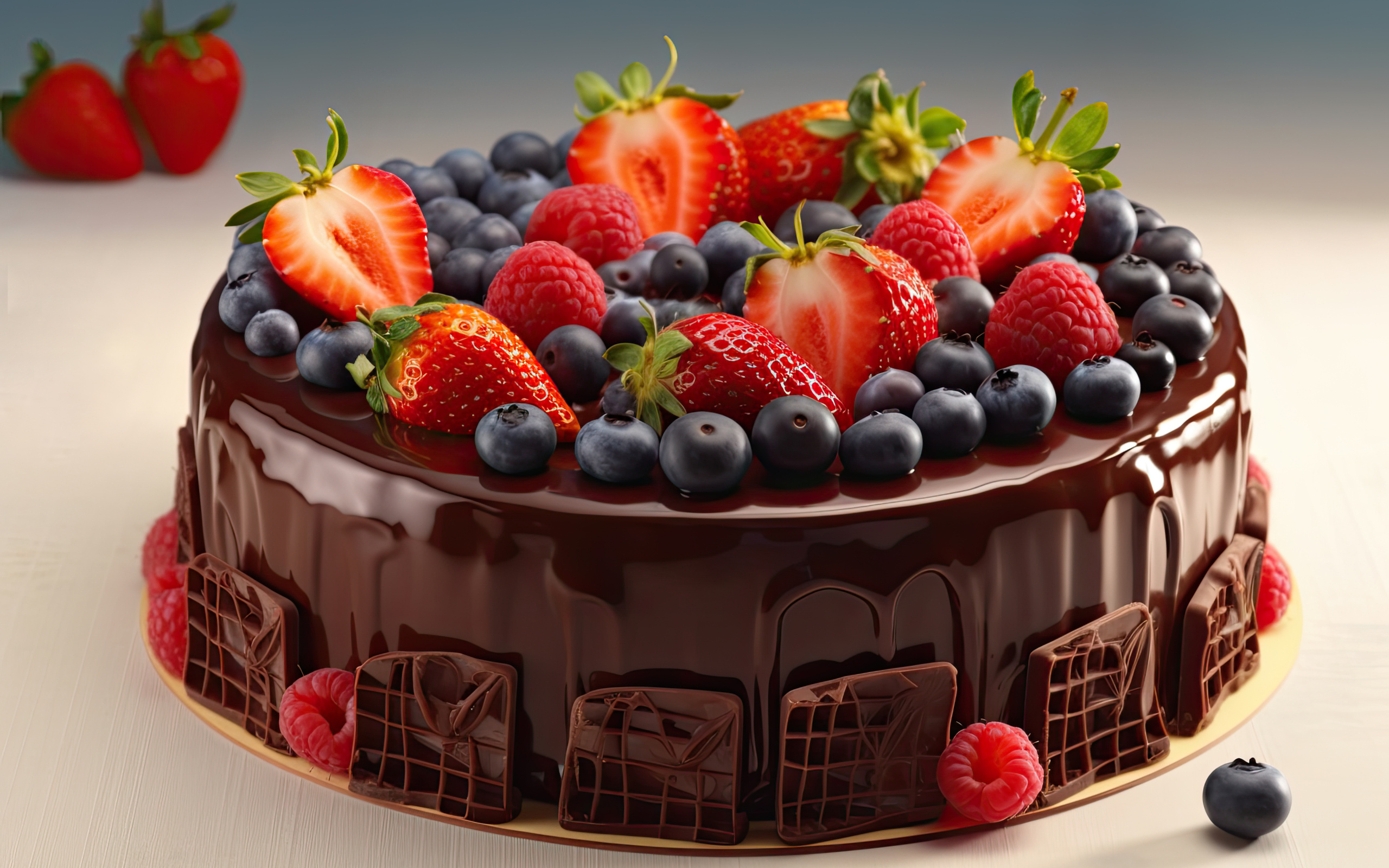 Торт в шоколаде с ягодами черники, клубники и малины