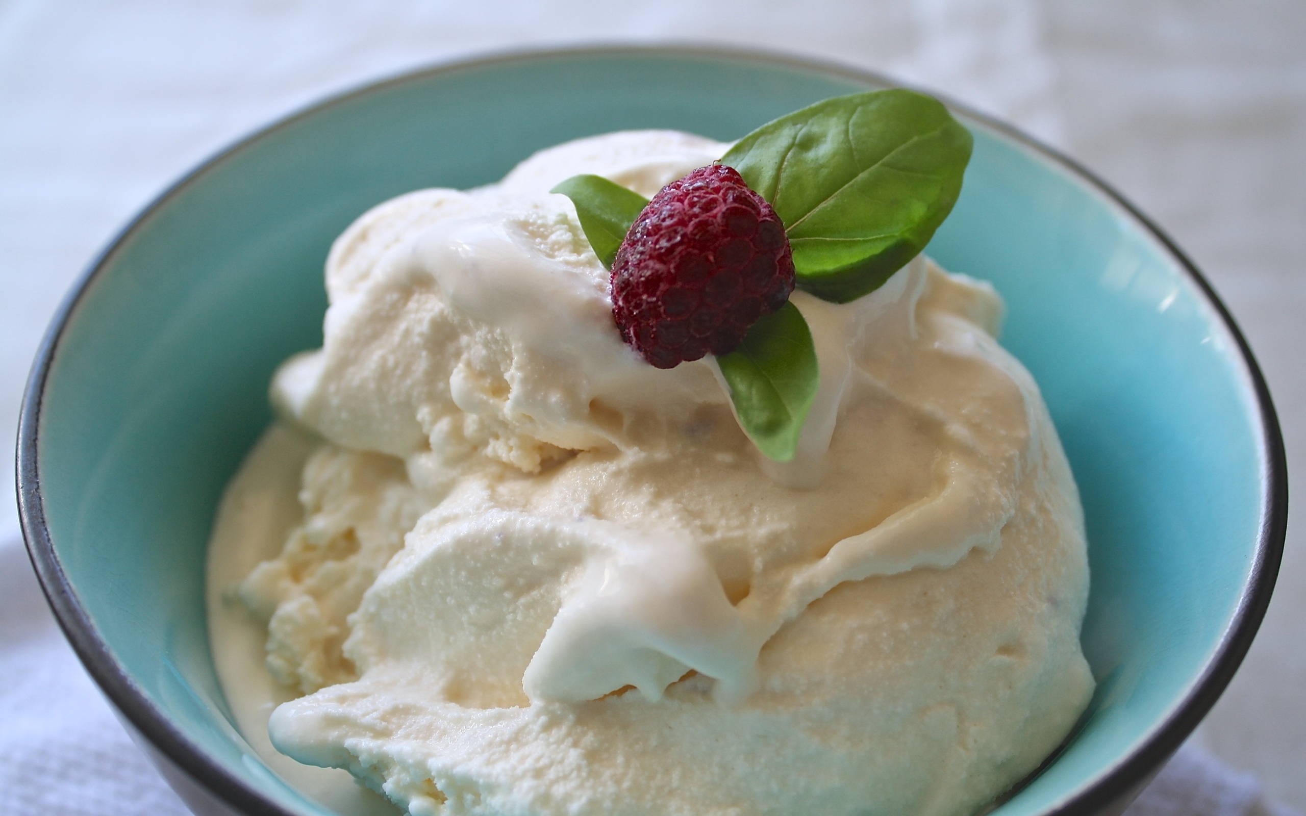 Сливочное мороженое в тарелке с ягодой малины