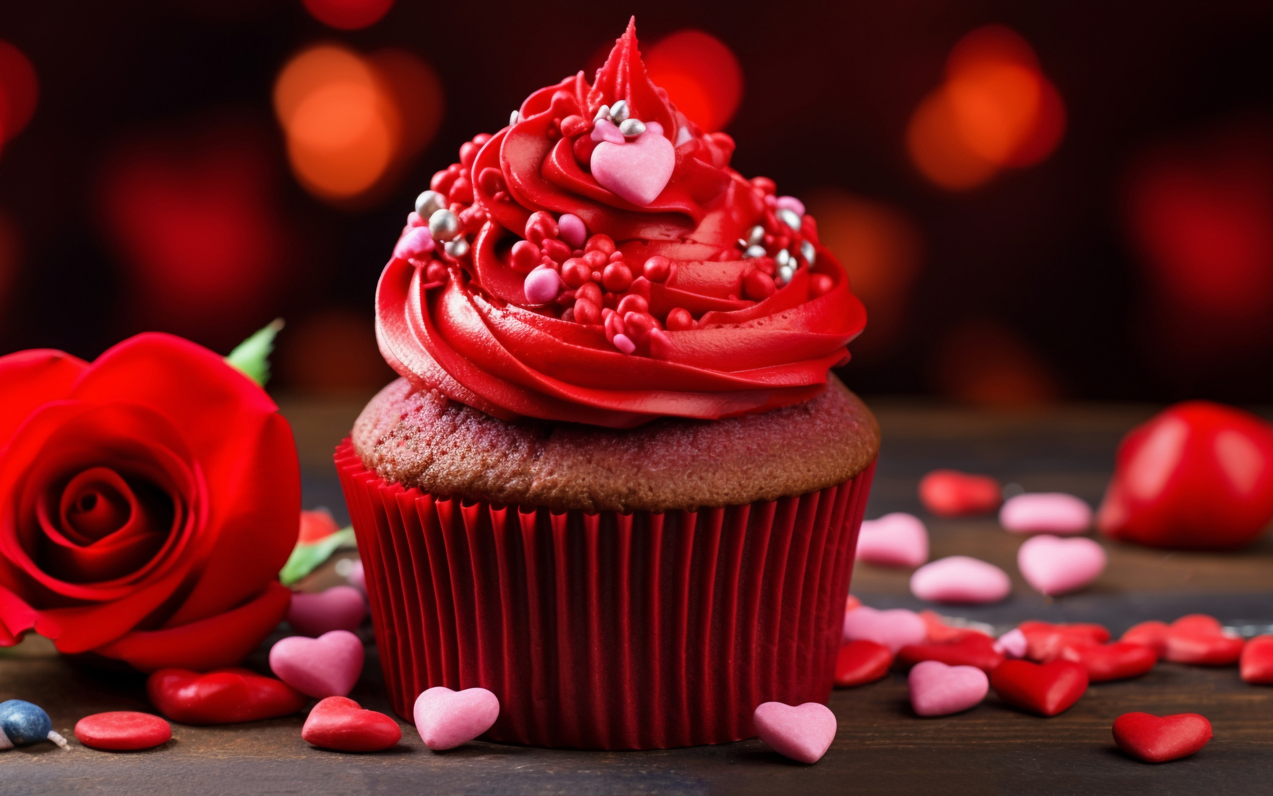 Кекс с красным кремом, розой и конфетами