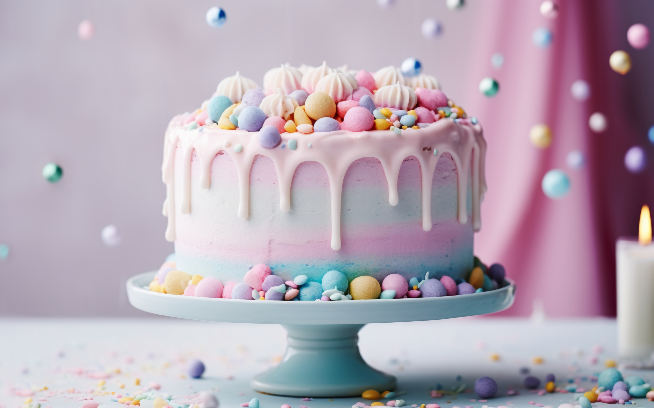 Разноцветный торт украшен конфетами