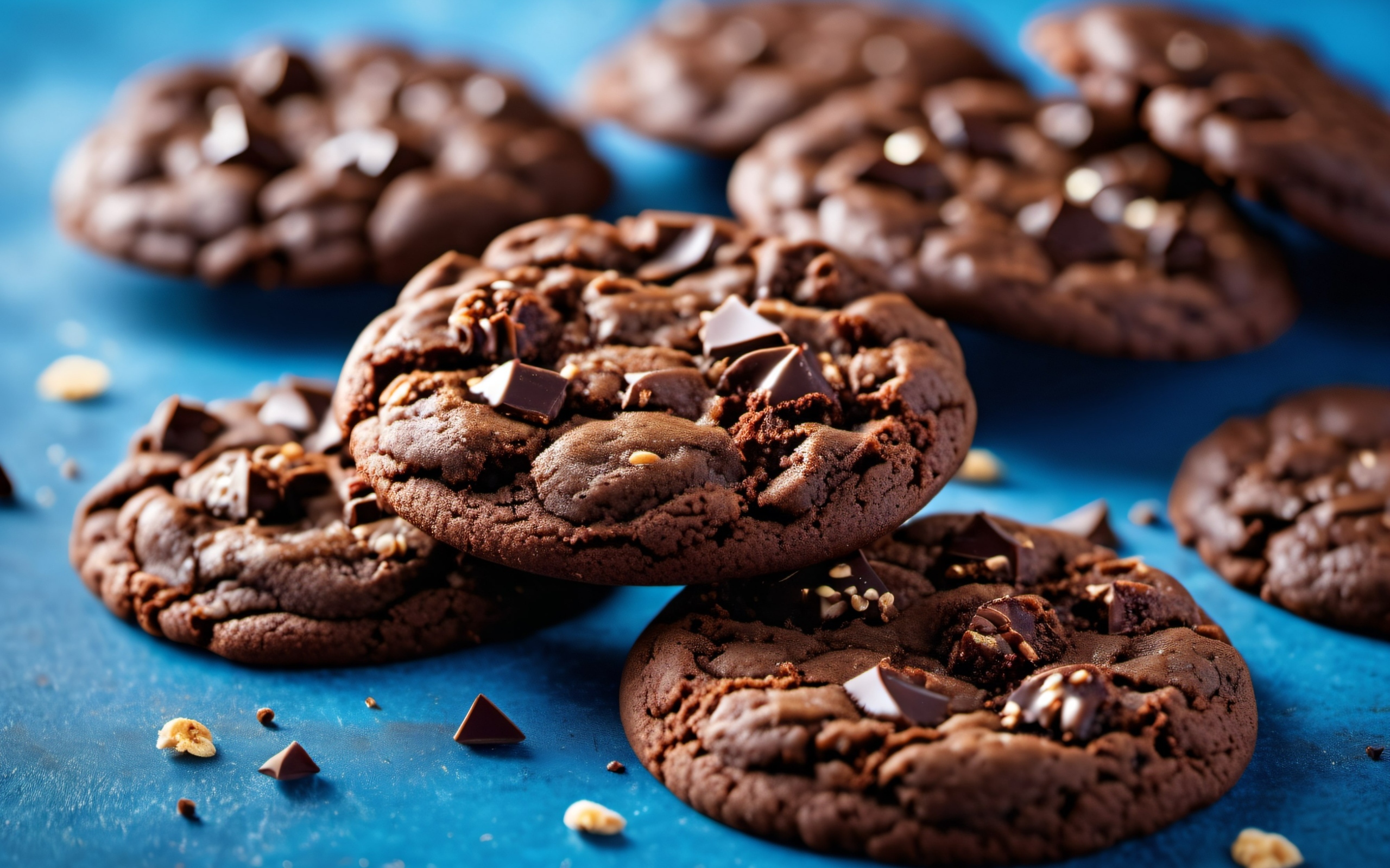 Круглое печенье с шоколадной крошкой на синем столе