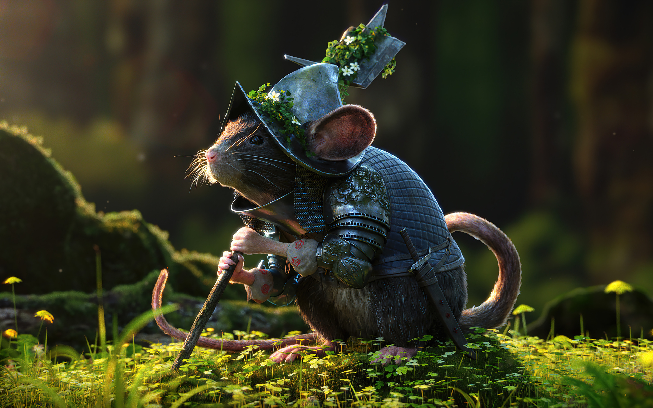 Маленькая мышка в доспехах с оружием