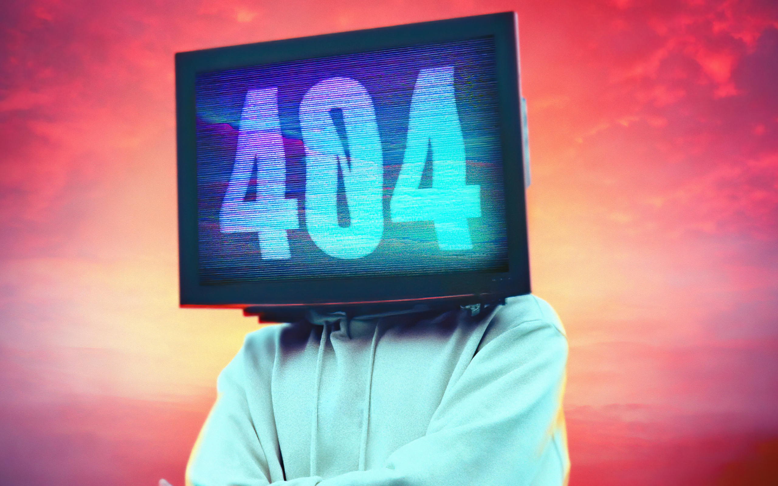 Монитор на лице с ошибкой 404 на красном фоне